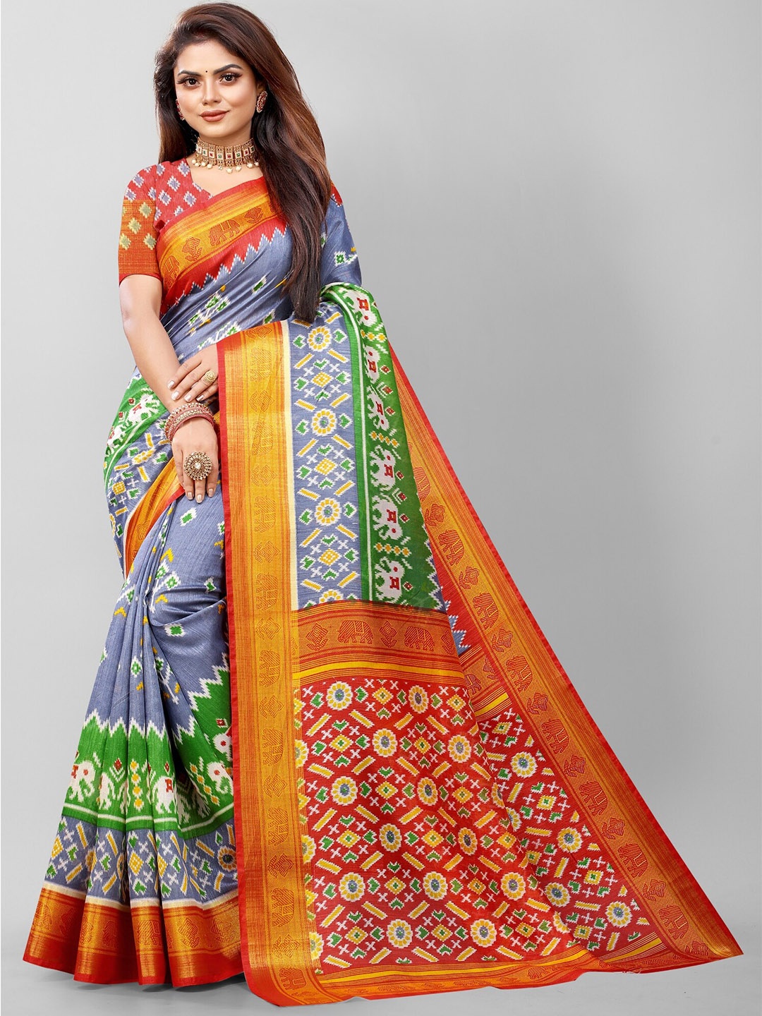 

APNISHA Grey & Orange Floral Zari Pure Cotton Saree