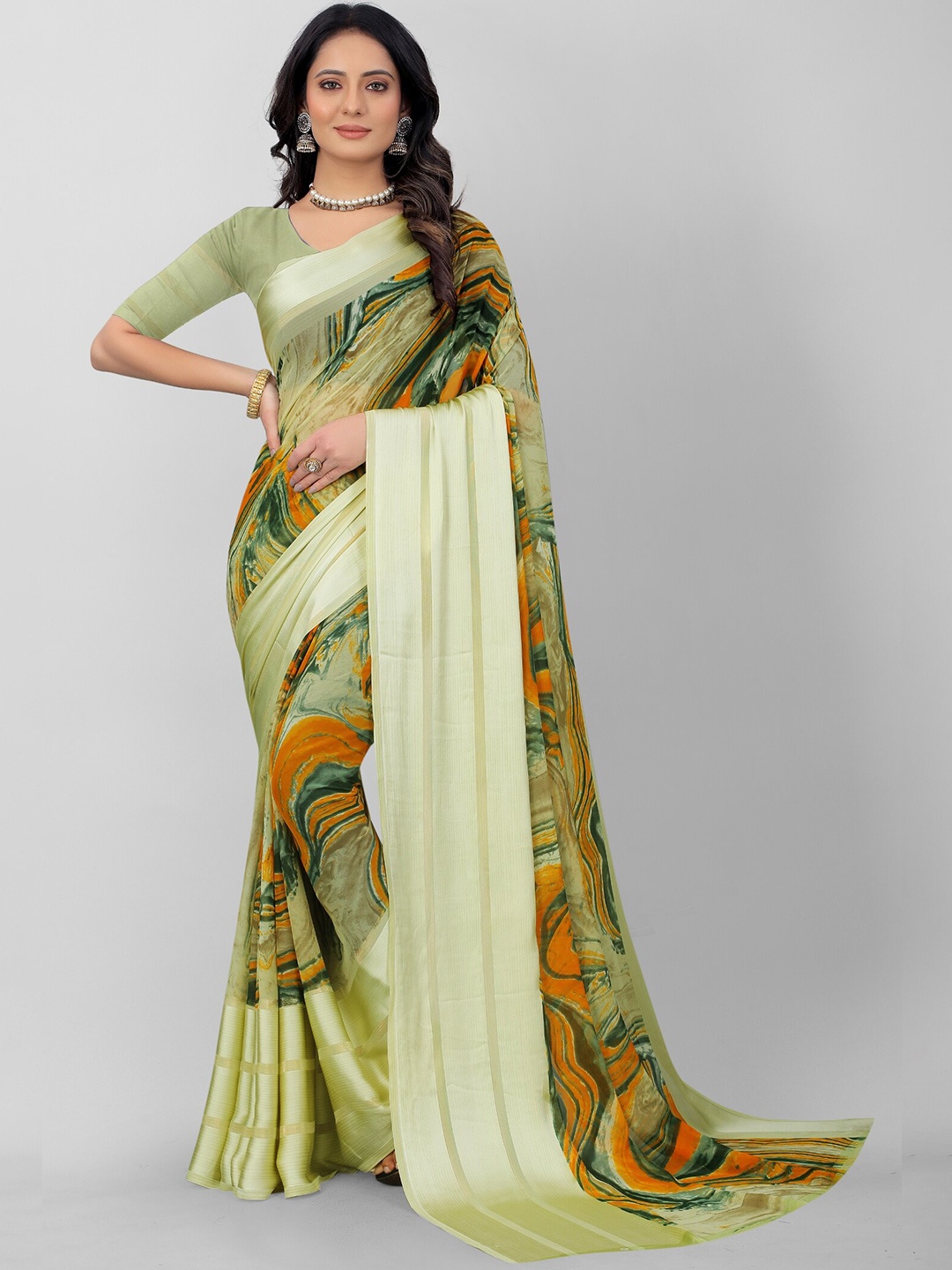 

APNISHA Olive Green & Orange Pure Georgette Saree