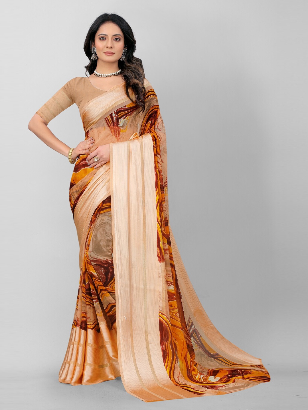 

APNISHA Orange & Peach-Coloured Pure Georgette Saree