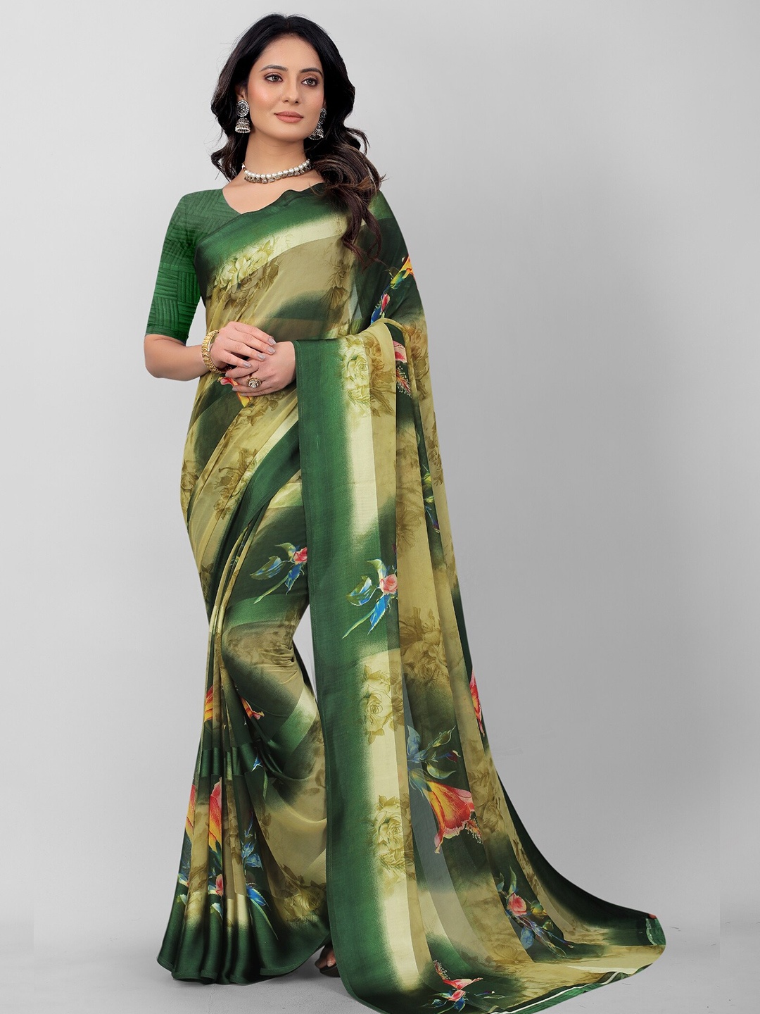 

APNISHA Green & Red Floral Pure Georgette Saree