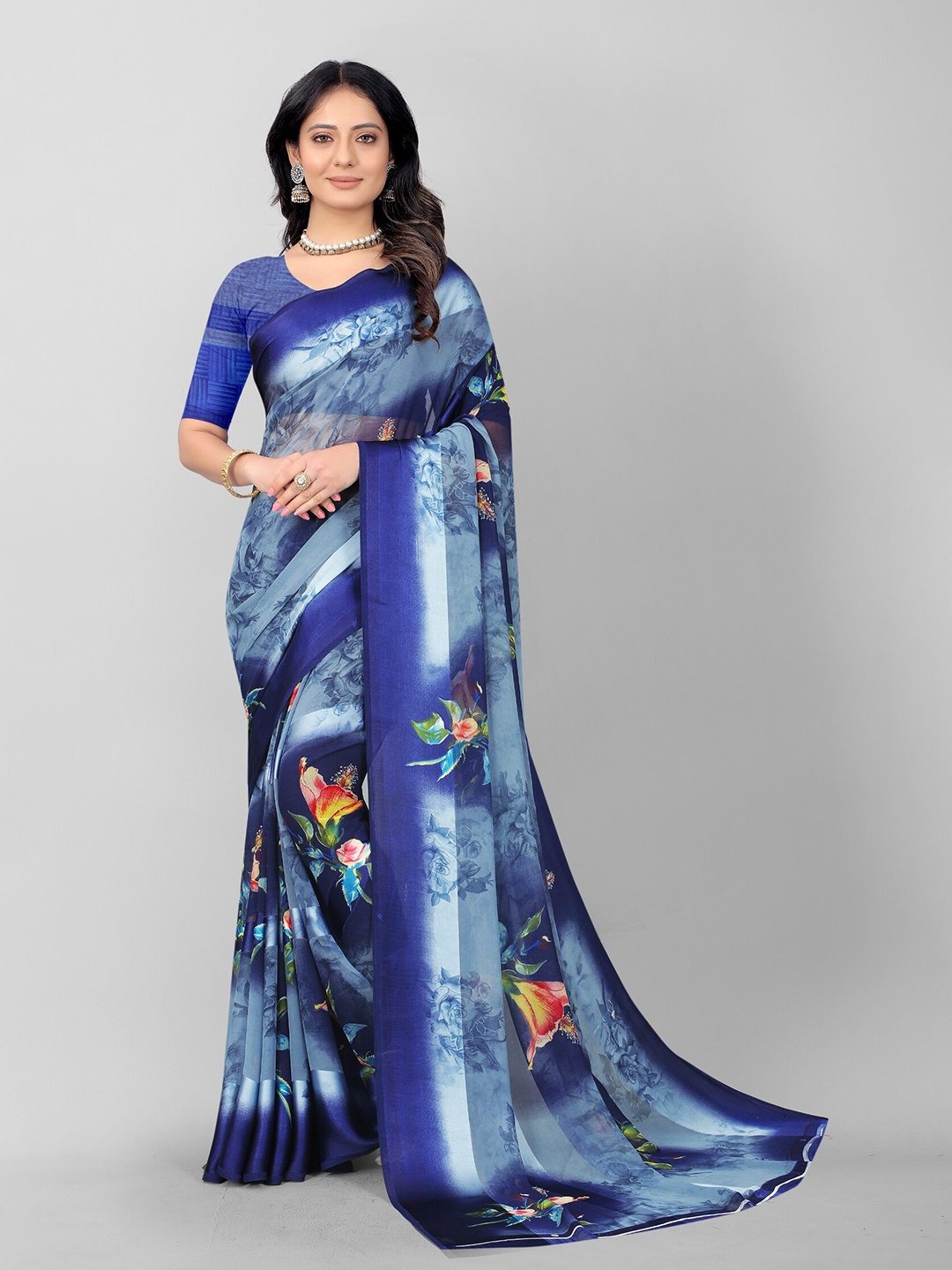 

APNISHA Blue & Navy Blue Floral Pure Georgette Saree