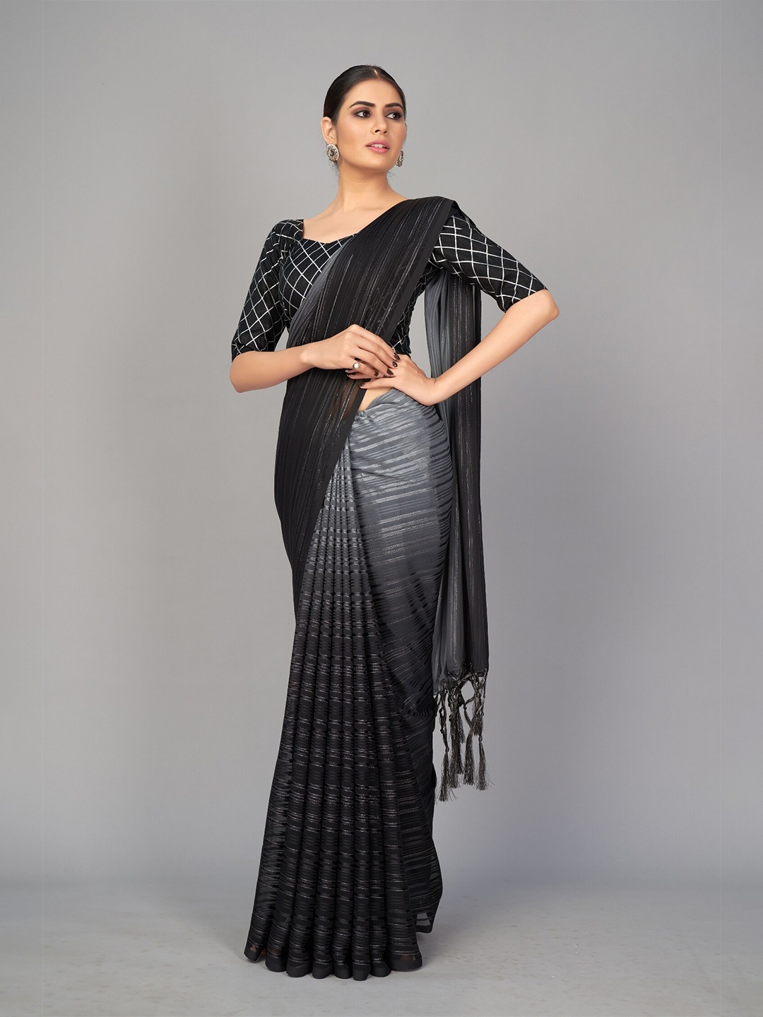 

APNISHA Black Striped Pure Silk Saree