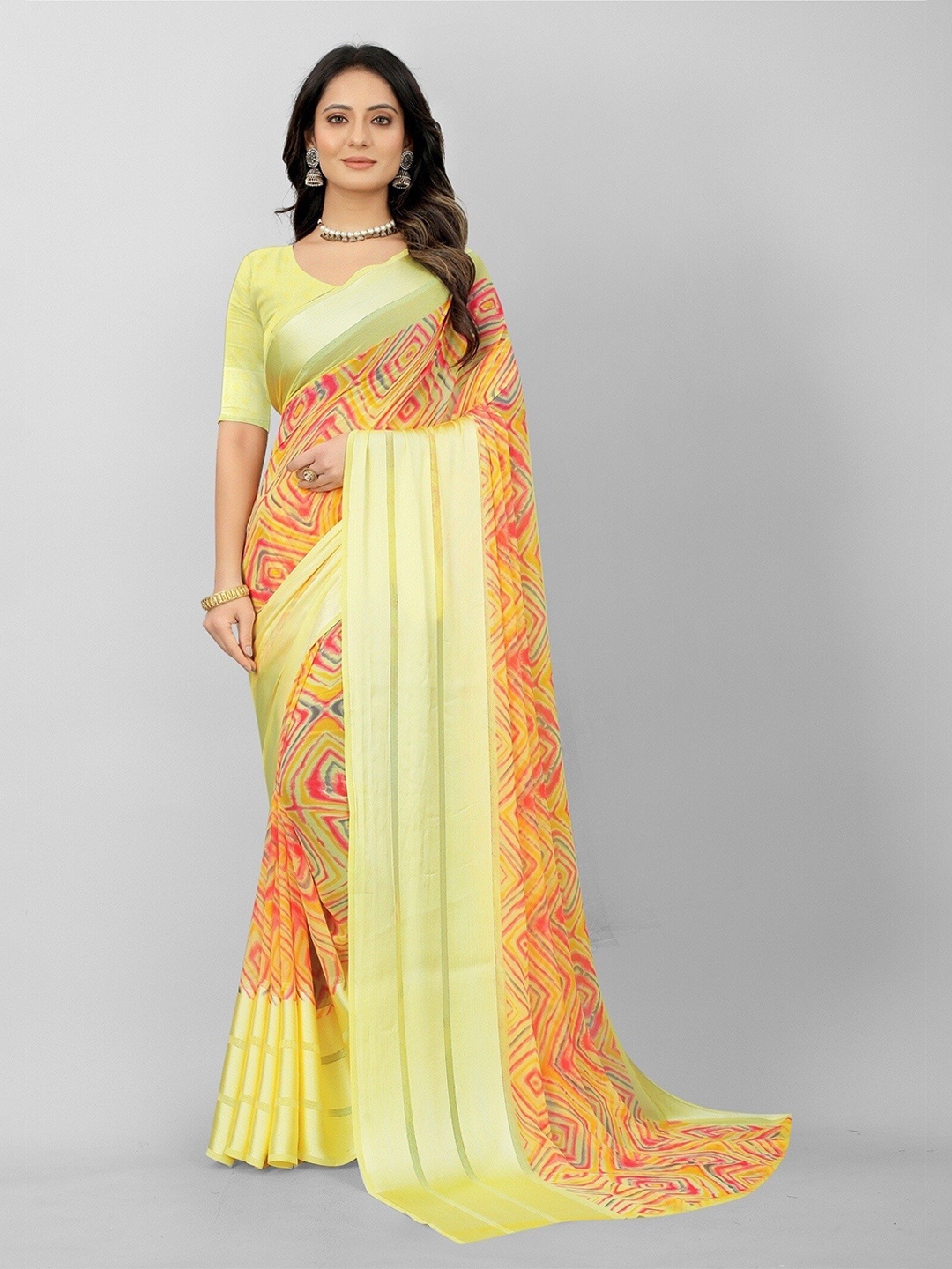 

APNISHA Yellow & Pink Pure Georgette Saree