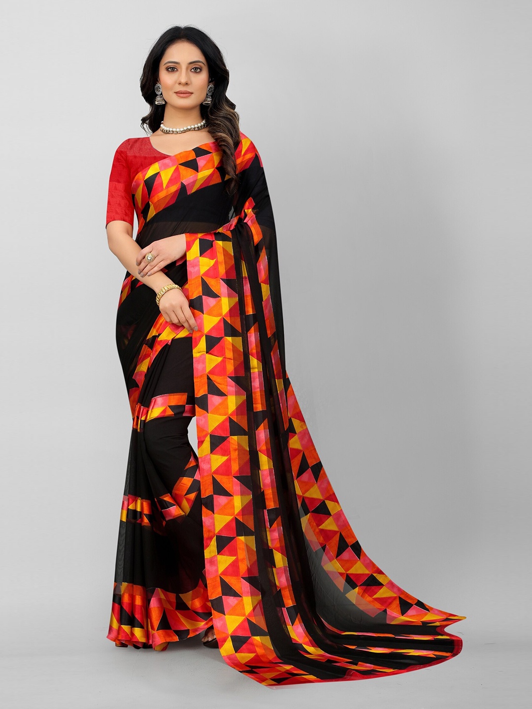 

APNISHA Red & Black Pure Georgette Saree