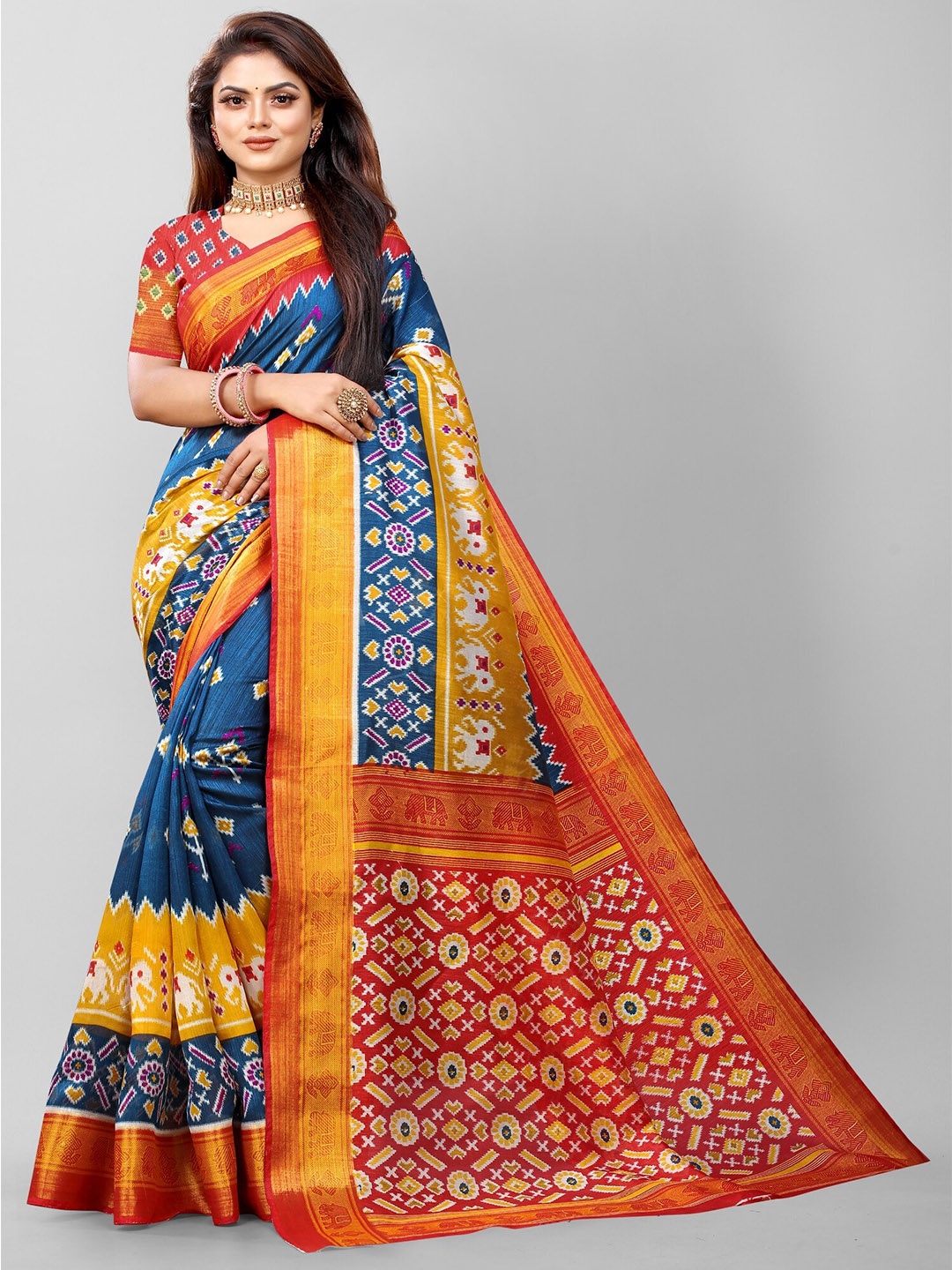 

APNISHA Teal & Yellow Zari Pure Cotton Saree