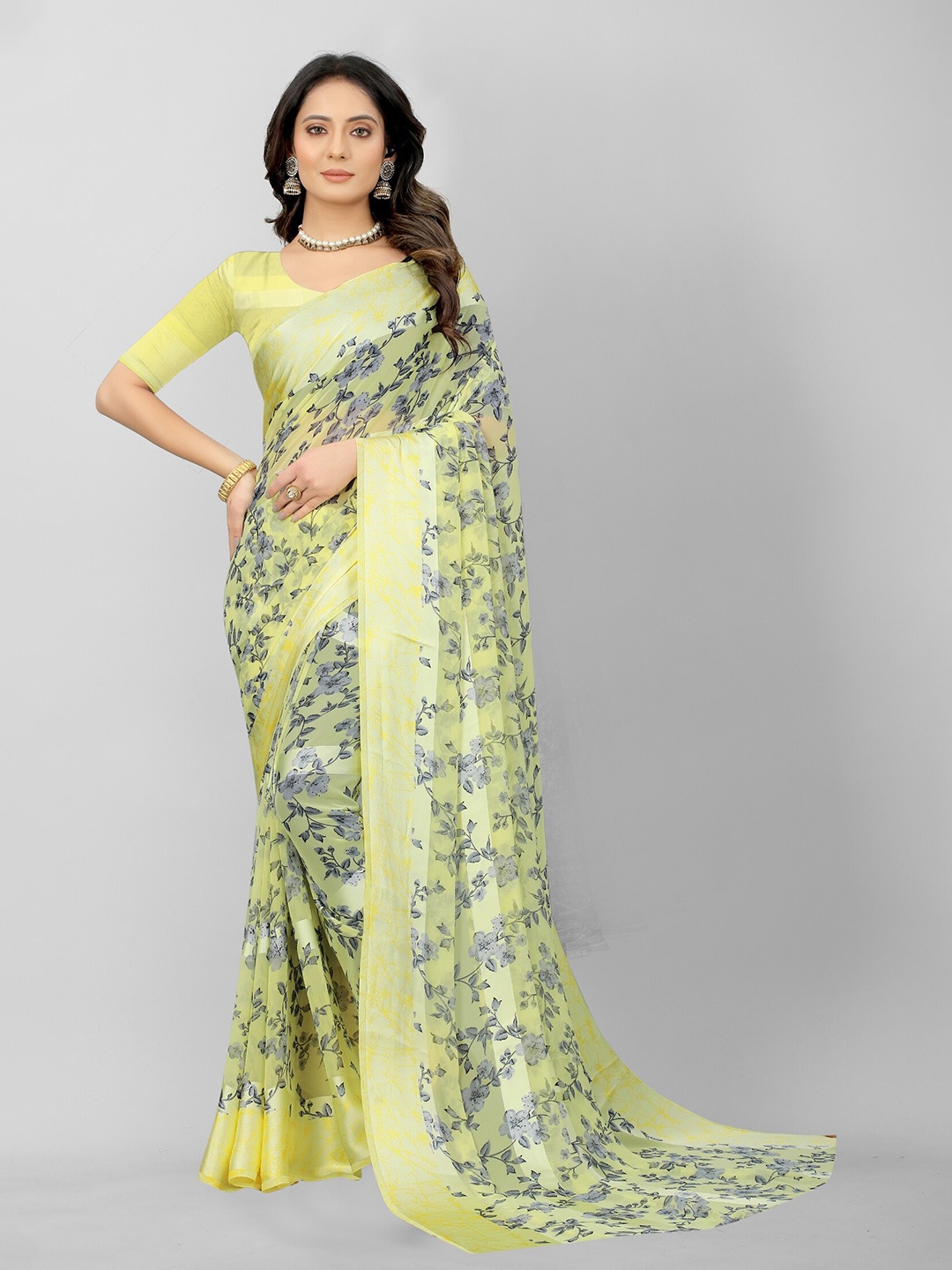 

APNISHA Yellow & Grey Floral Pure Georgette Saree