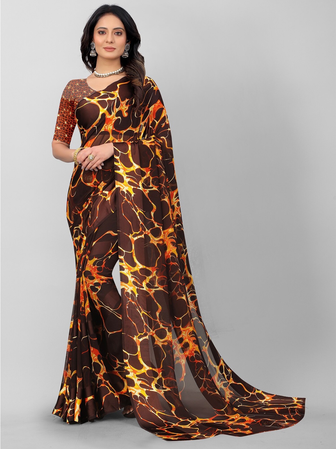 

APNISHA Brown & Yellow Pure Georgette Saree