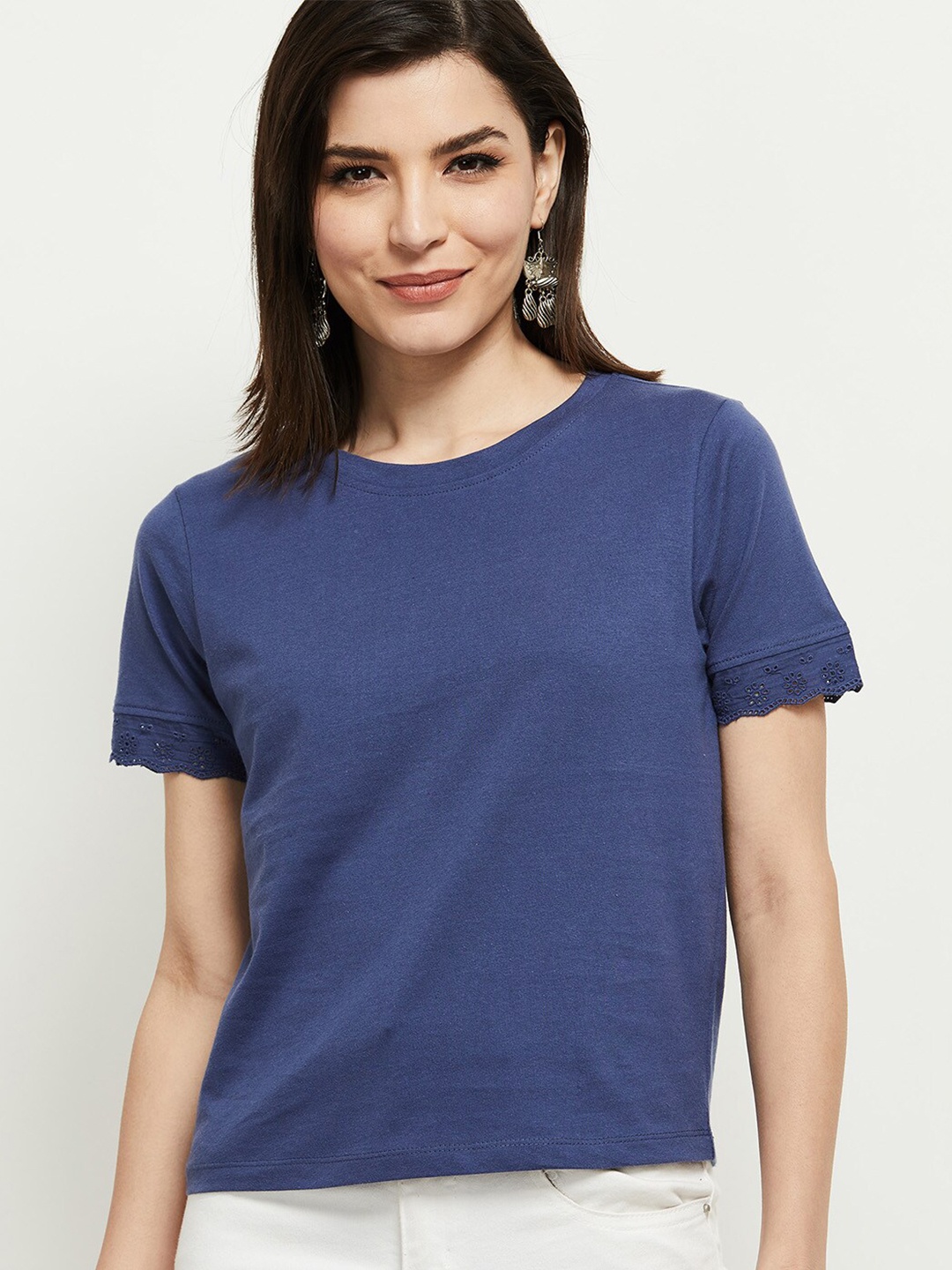 

max Women Blue Raw Edge T-shirt