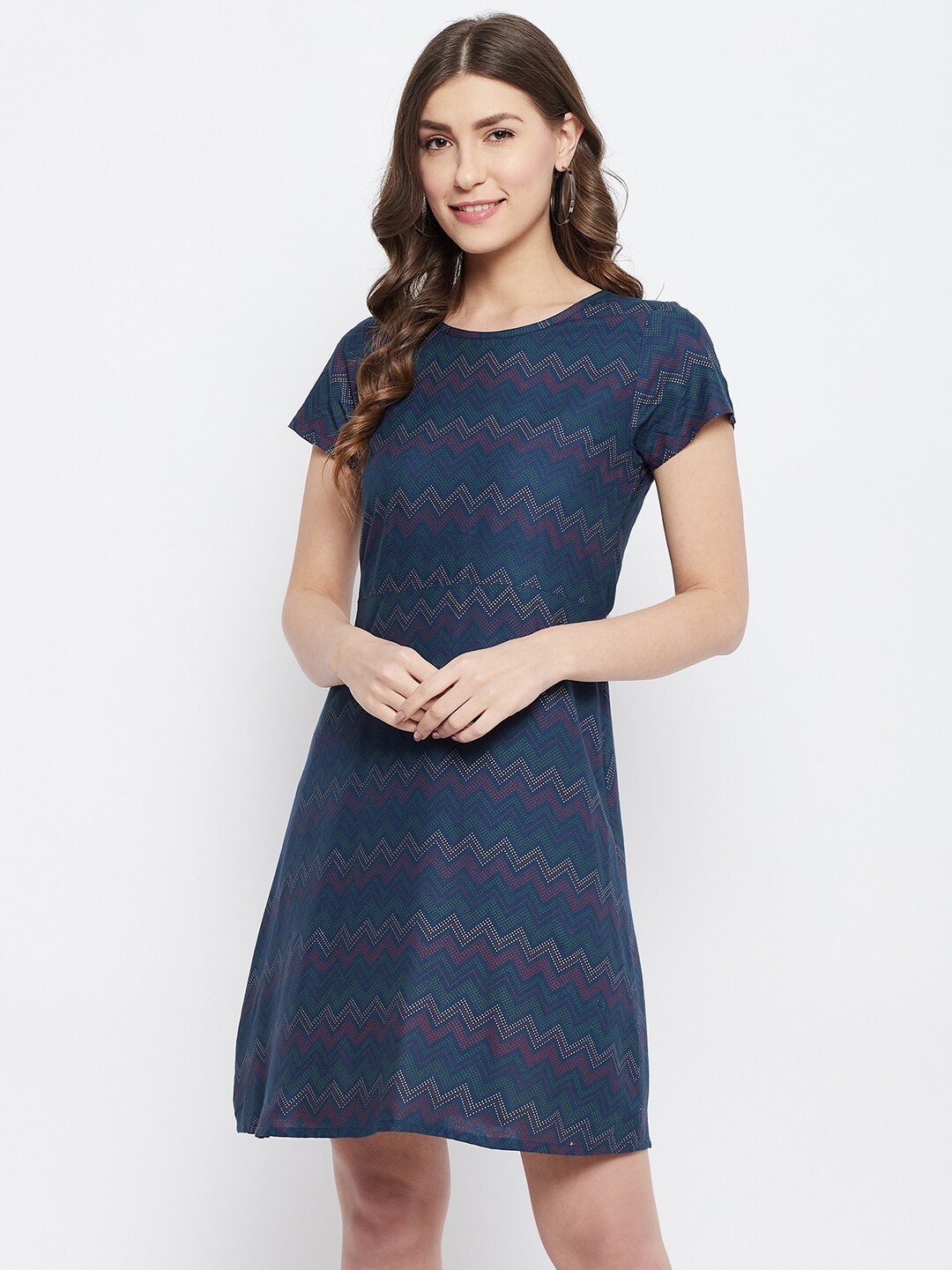 

JHANKHI Navy Blue Chevrons Print Midi A-Line Dress