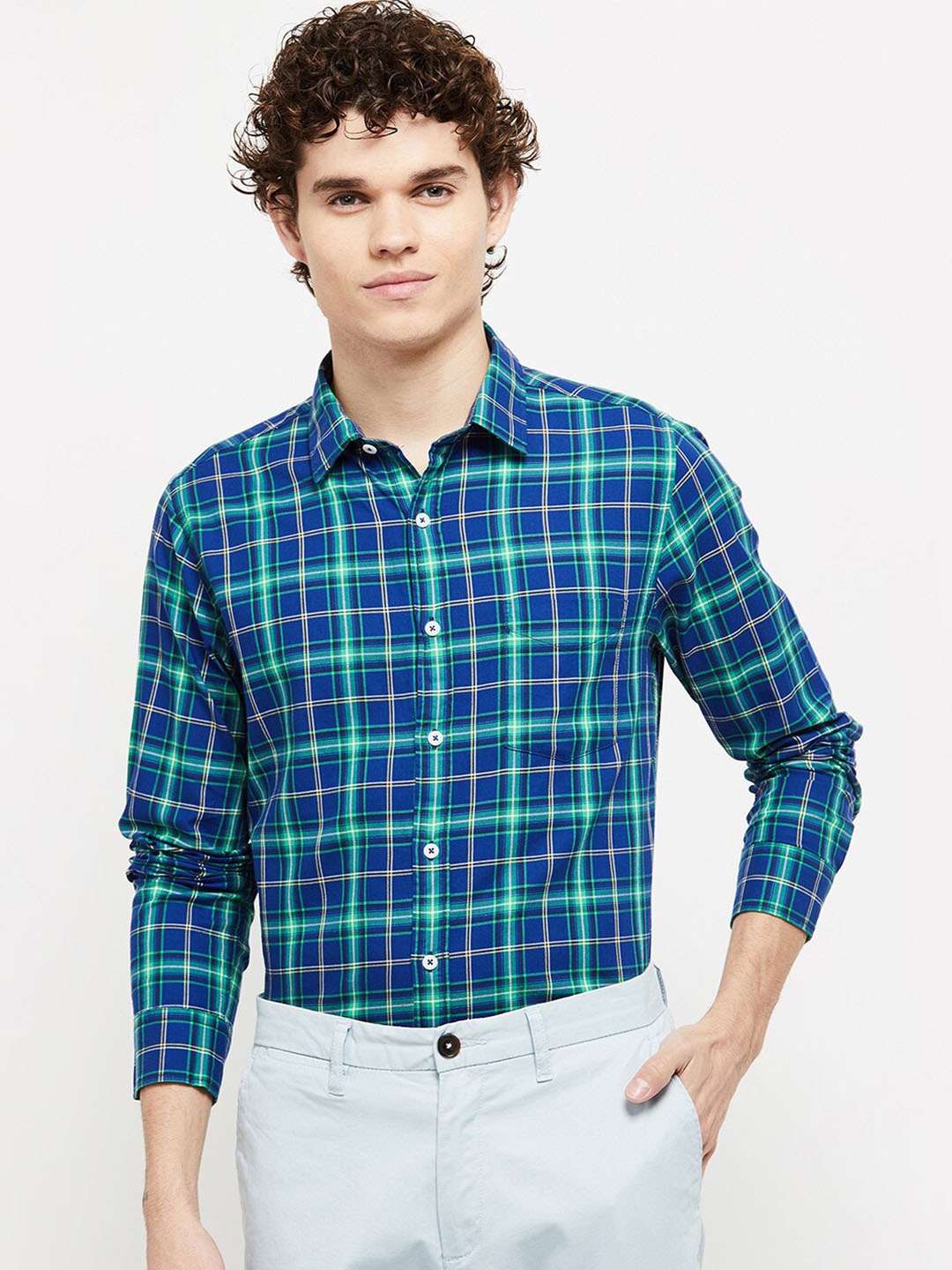 

max Men Navy Blue Tartan Checks Checked Casual Shirt