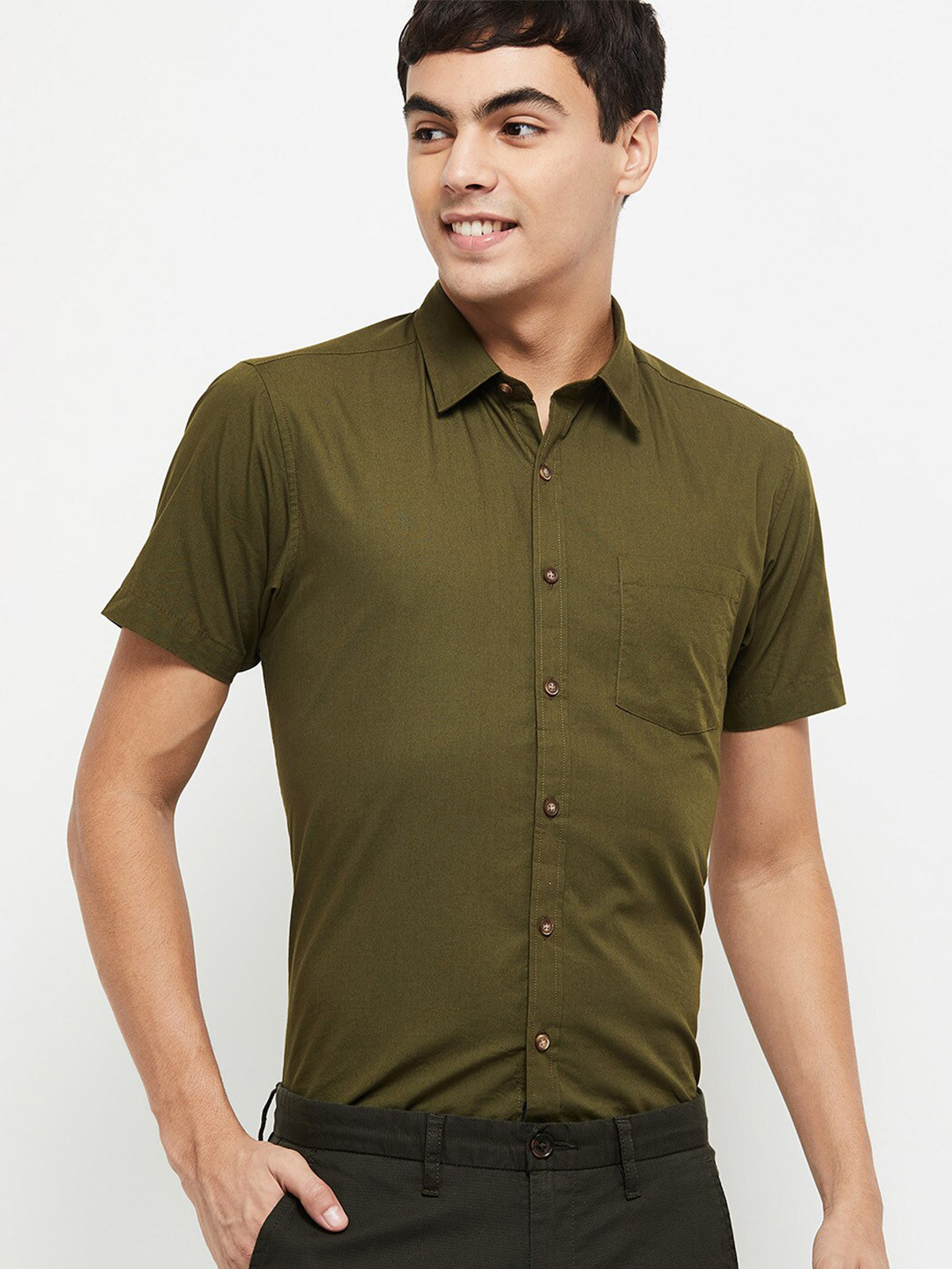 

max Men Olive Green Casual Shirt
