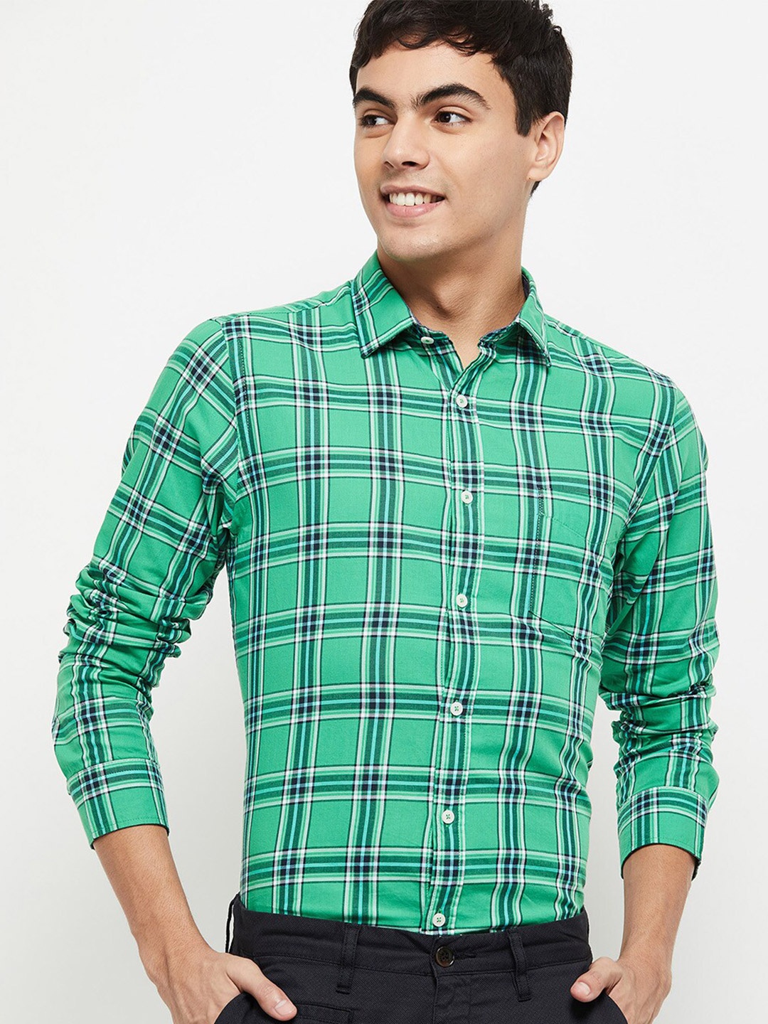 

max Men Green Tartan Checks Checked Casual Shirt