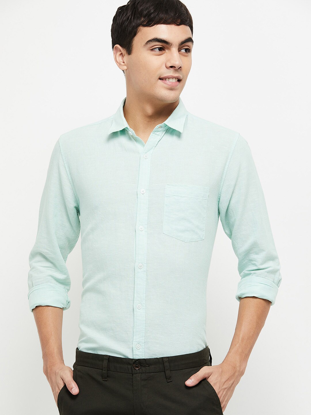 

max Men Green Slim Fit Striped Casual Shirt