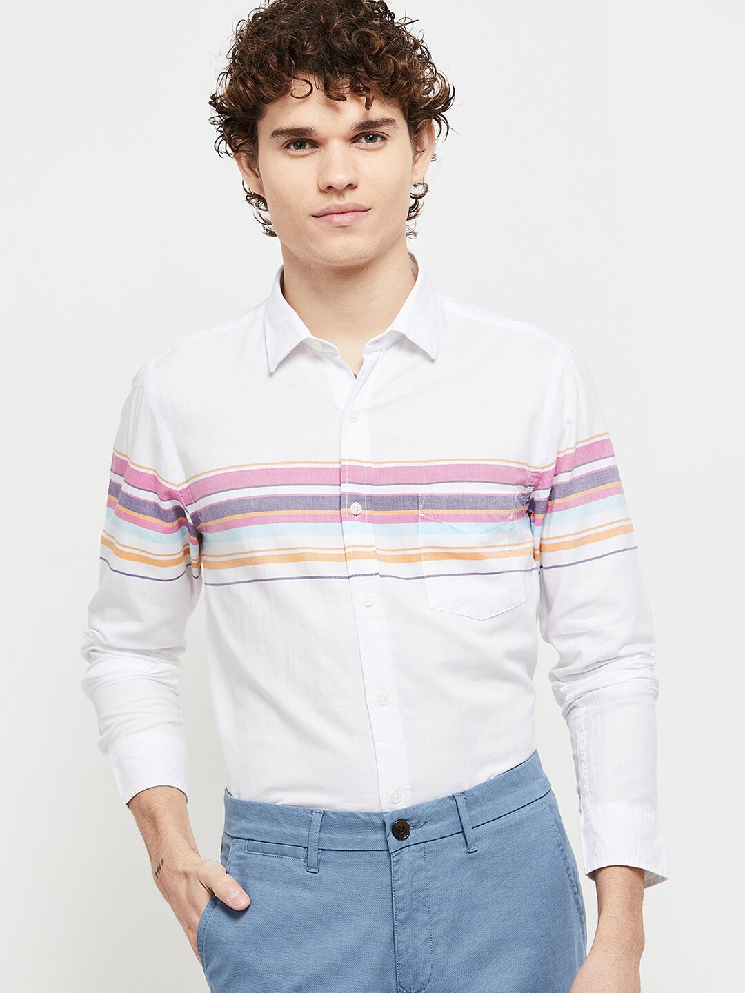 

max Men White Multi Stripes Striped Casual Shirt