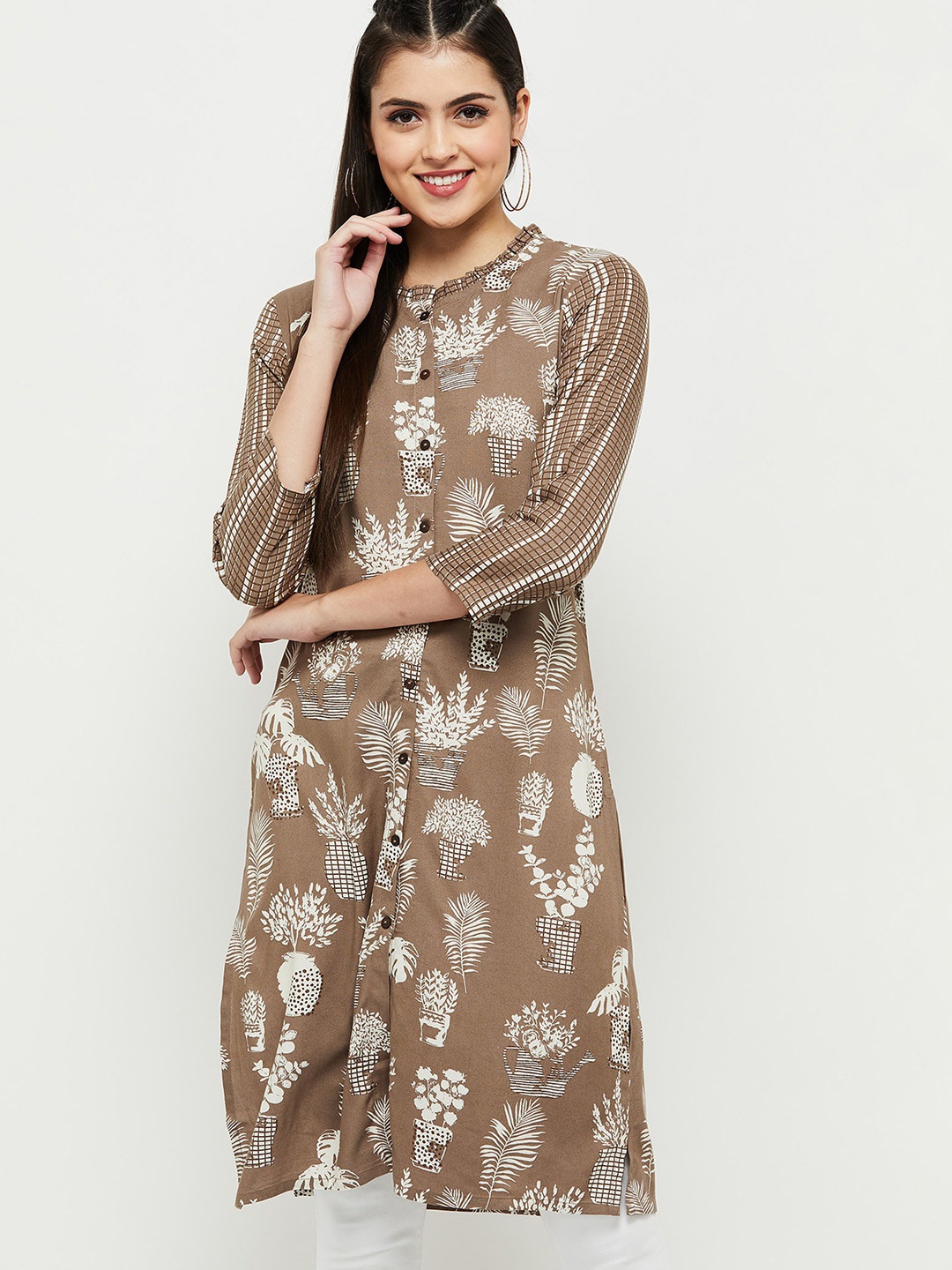 

max Women Brown Printed Flared Sleeves Anarkali Kurta