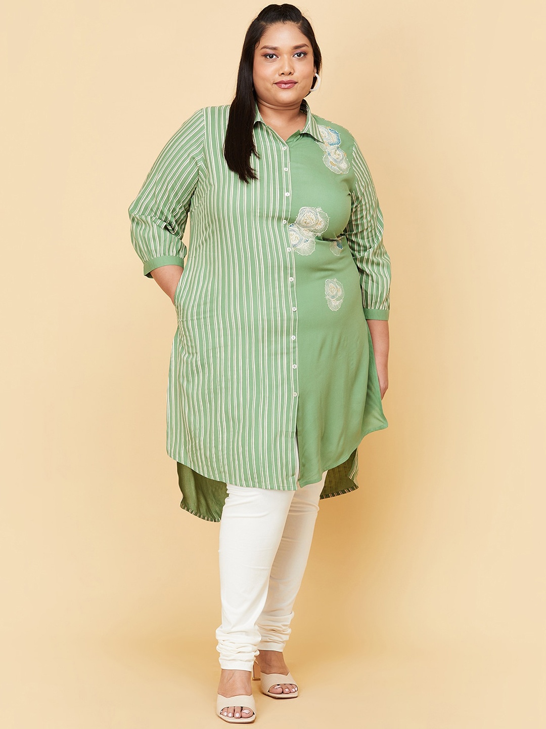 

max Women Plus Size Green Striped Thread Work Pathani Kurta