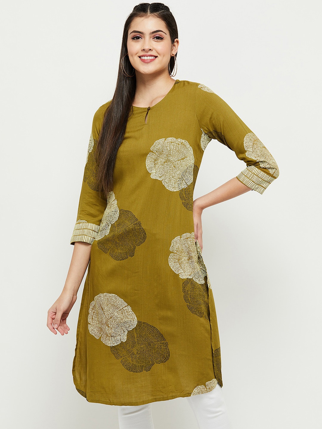 

max Women Olive Green Printed Thread Work Kurta