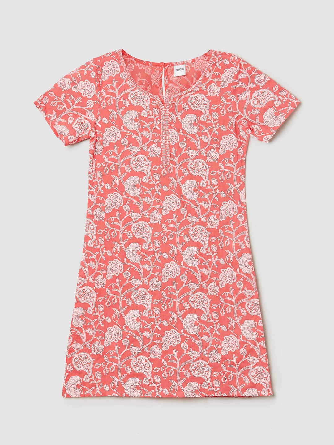 

max Girls Peach-Coloured Quirky Printed Flared Sleeves Mirror Work Kurta