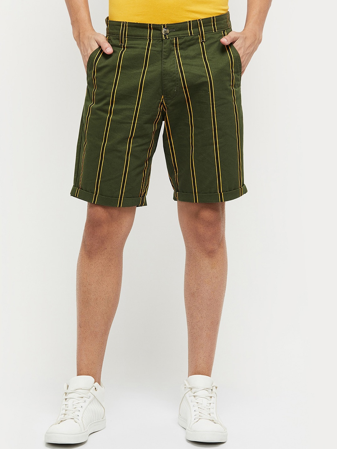 

max Men Olive Green Striped Shorts