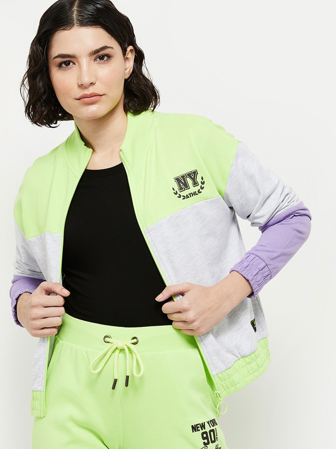 

max Women Lime Green Colourblocked Bomber with Patchwork Jacket