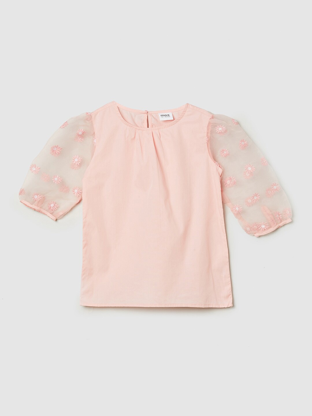 

max Girls Peach-Coloured Embroidered Puff Sleeves Pure Cotton Top