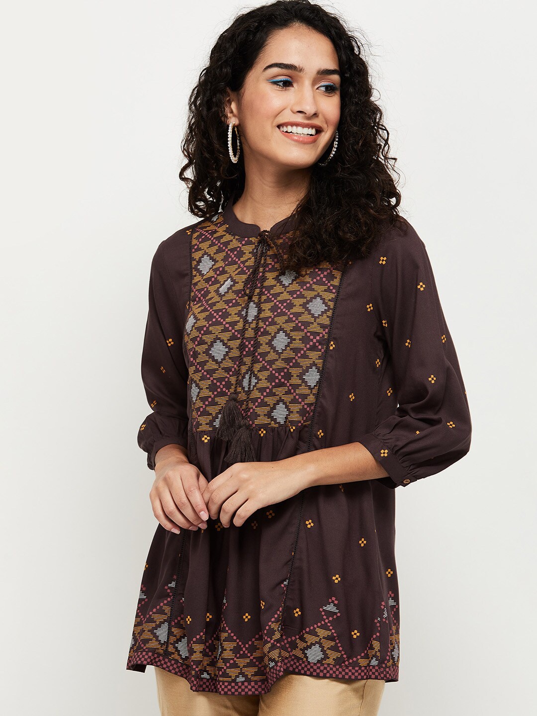 

max Charcoal & Brown Mandarin Collar Printed Tunic