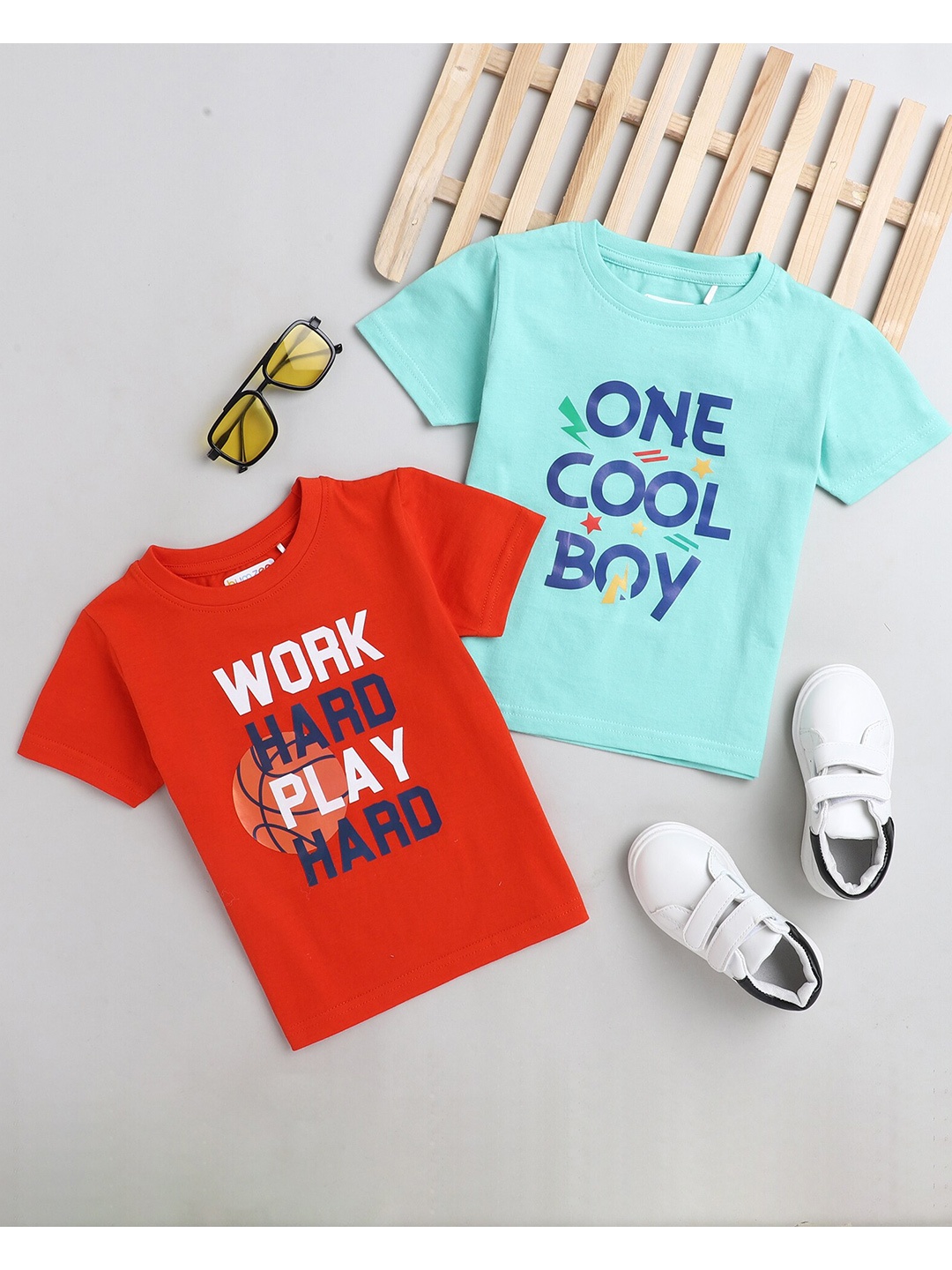 

BUMZEE Boys Green Typography 2 Printed Applique T-shirt