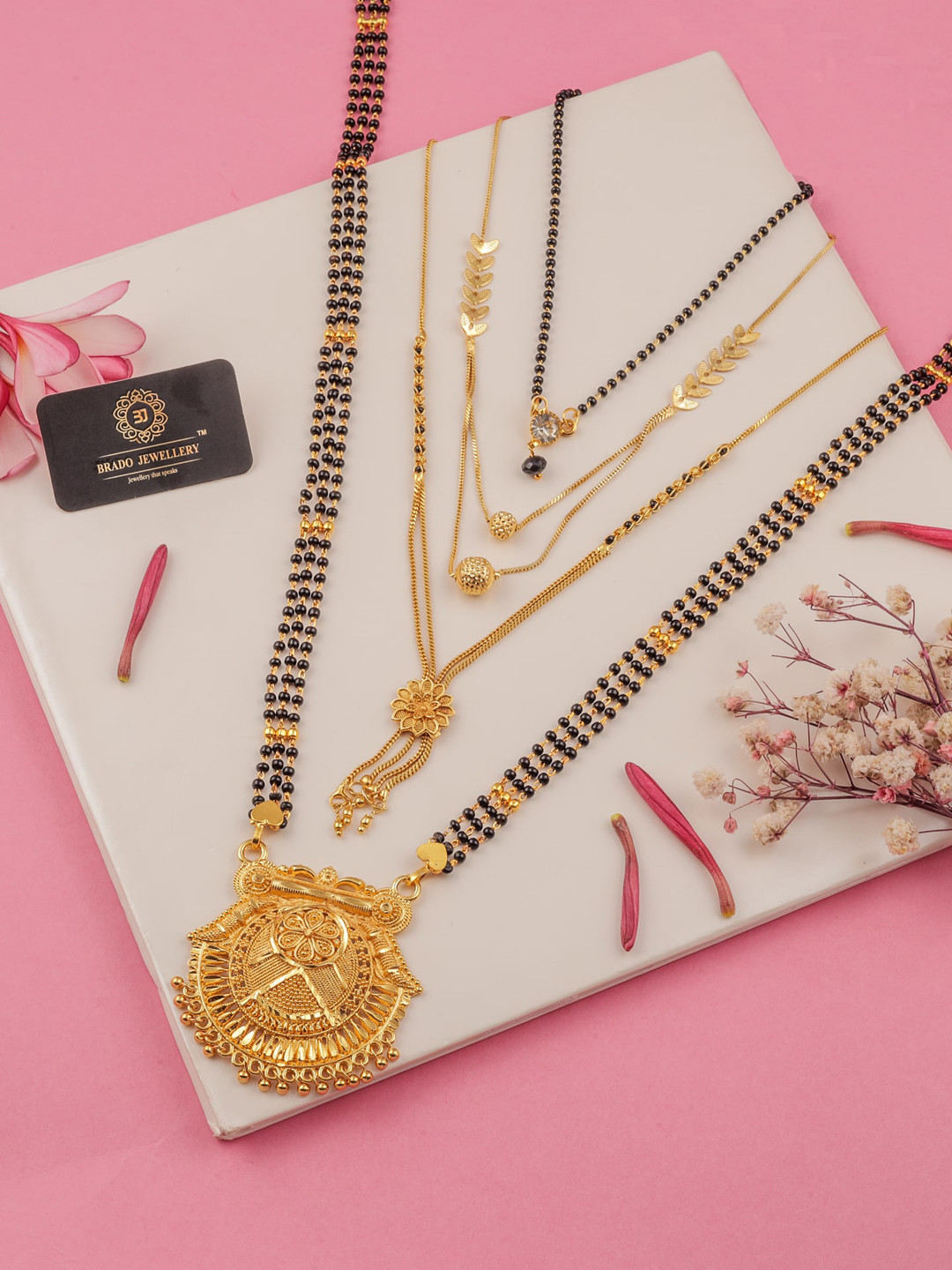 

Brado Jewellery Set Of 4 Gold-Plated & Black Beaded Mangalsutra