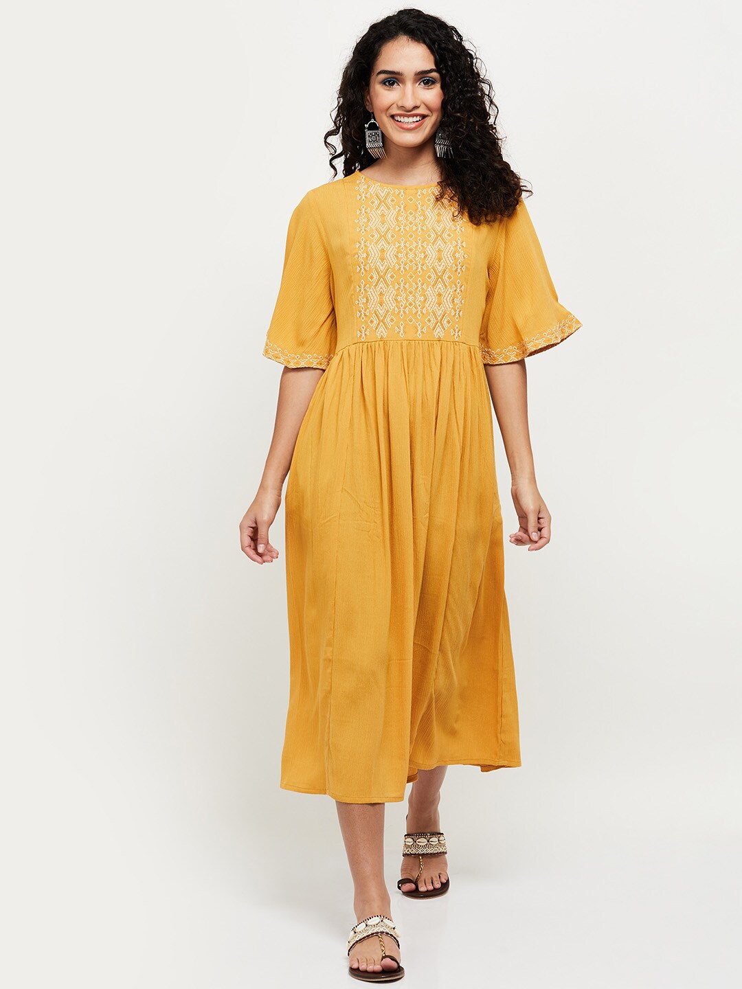 

max Mustard Yellow Ethnic Motifs A-Line Midi Dress