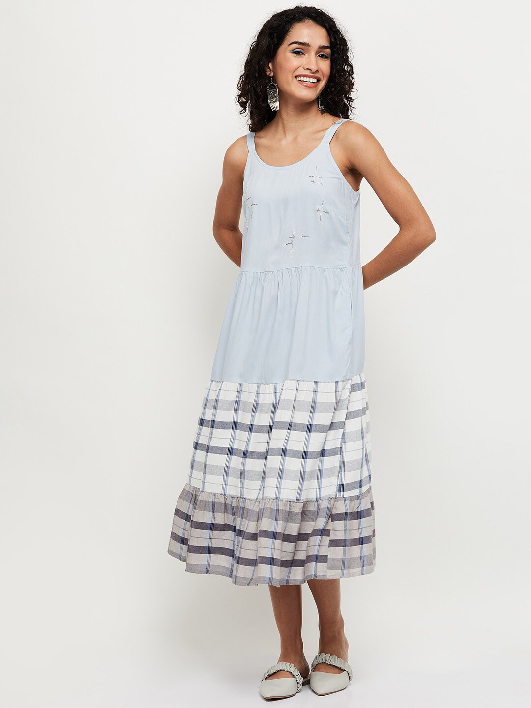 

max Blue Checked Midi Dress