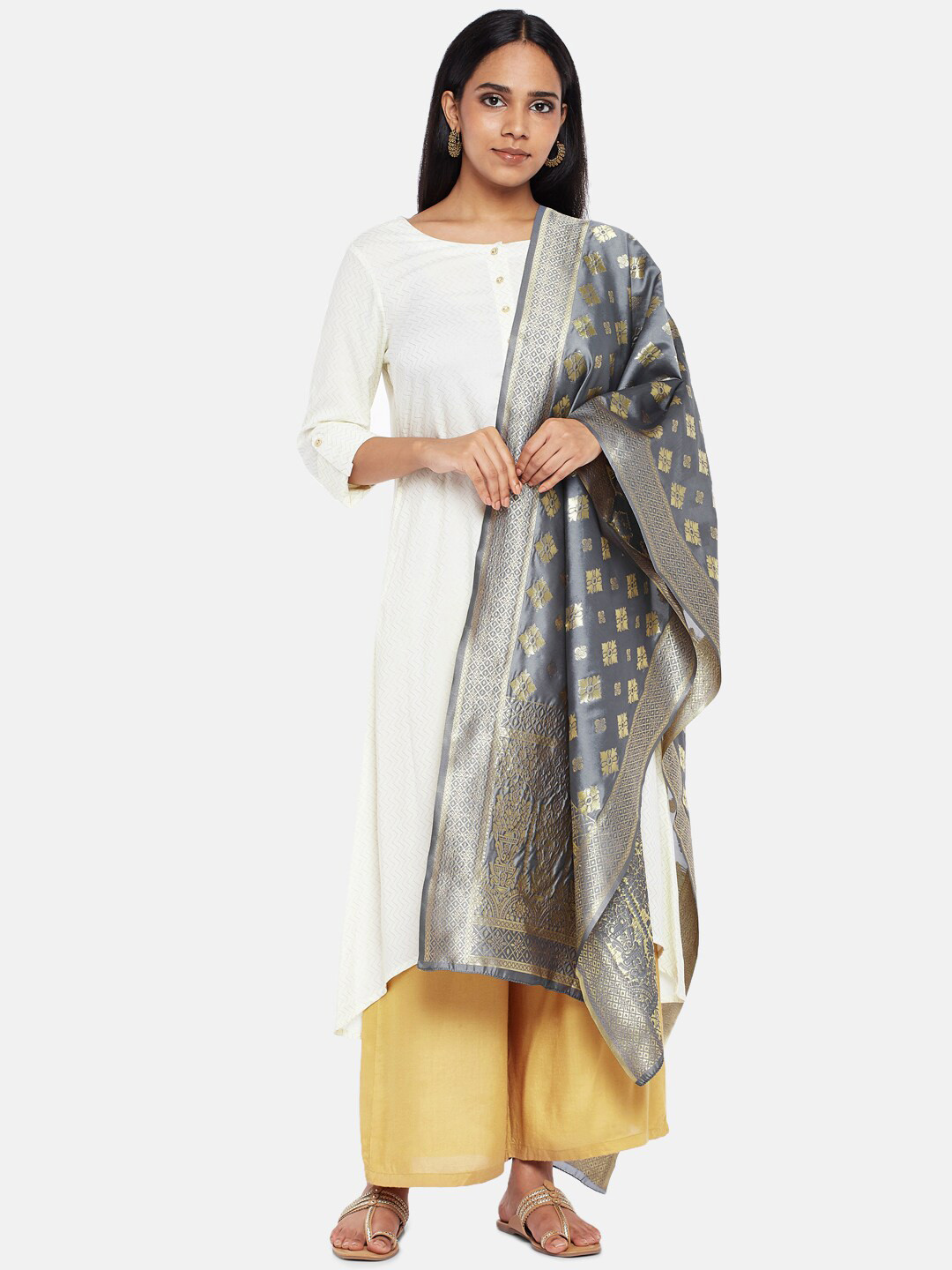 

RANGMANCH BY PANTALOONS Grey & Gold-Toned Woven Design Dupatta