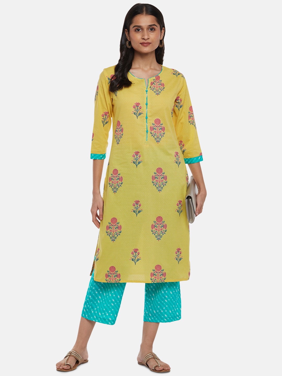 

RANGMANCH BY PANTALOONS Women Yellow Ethnic Motifs Printed Pure Cotton Kurti with Trousers