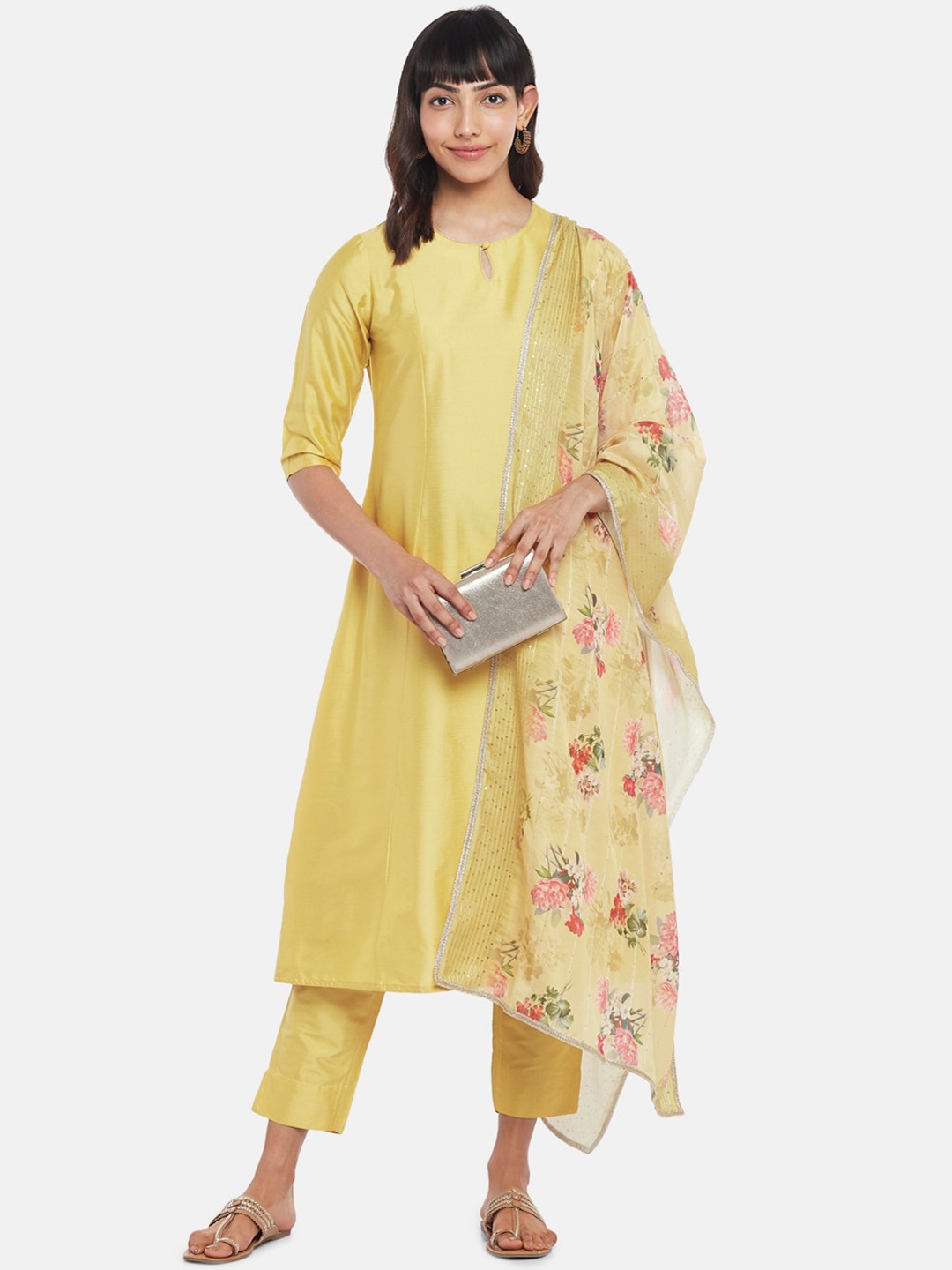 

RANGMANCH BY PANTALOONS Women Mustard Yellow Kurti with Trousers & With Dupatta