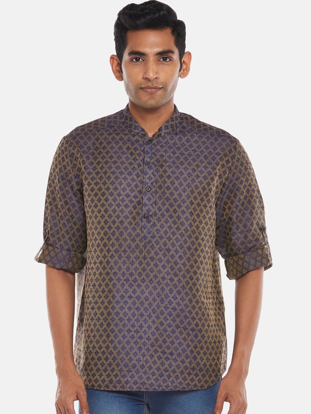 

indus route by Pantaloons Men Blue Geometric Printed Thread Work Kurta