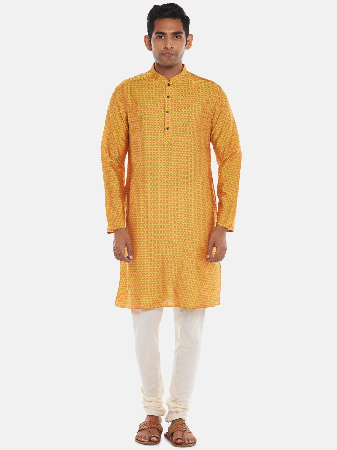 

indus route by Pantaloons Men Mustard Yellow Thread Work Kurta