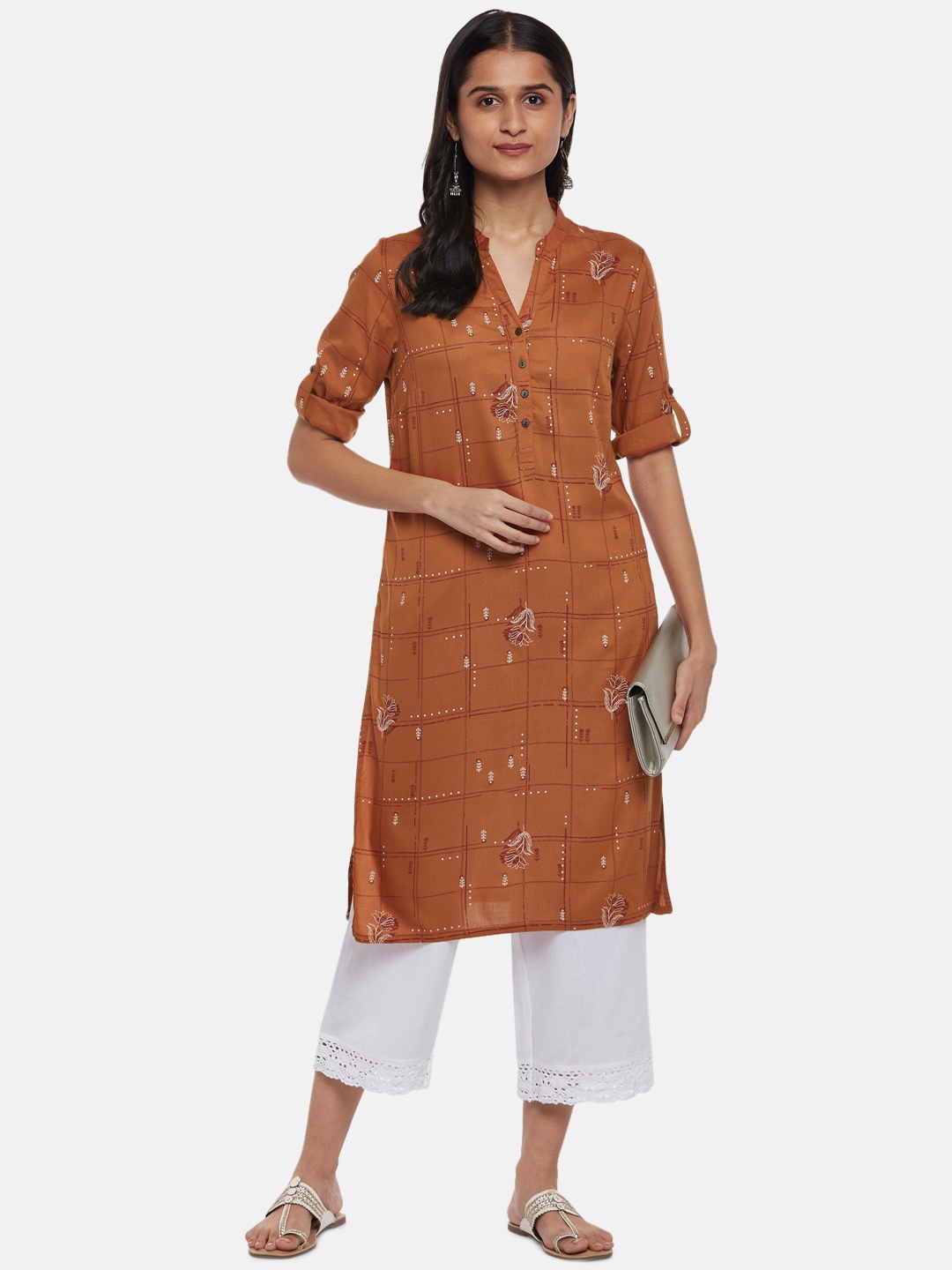 

RANGMANCH BY PANTALOONS Women Rust Ethnic Motifs Printed Flared Sleeves Kurta