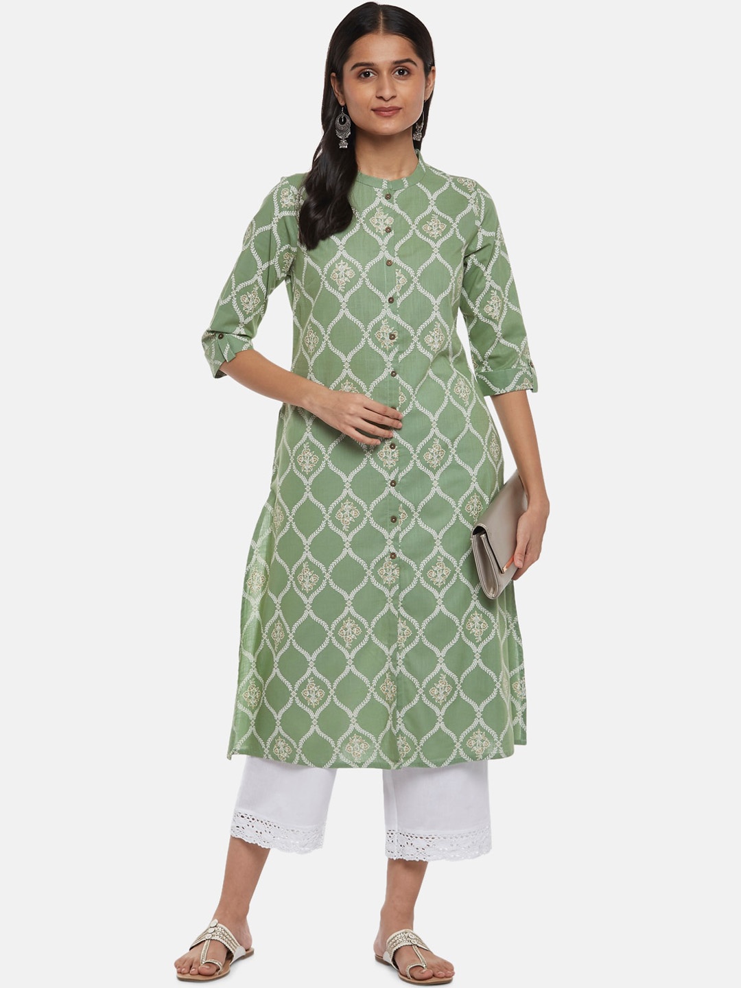 

RANGMANCH BY PANTALOONS Women Green Geometric Checked Thread Work Kurta