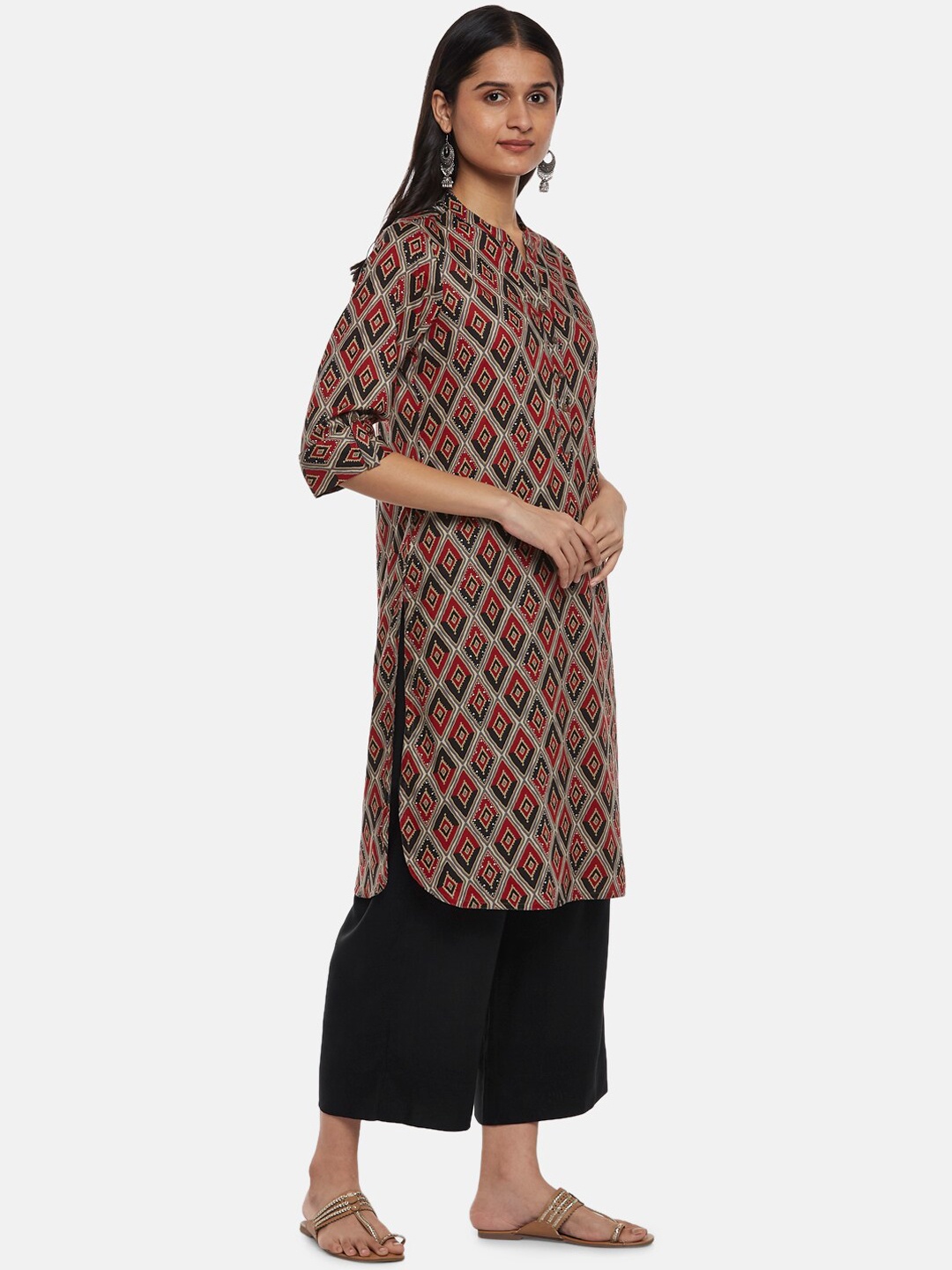 

RANGMANCH BY PANTALOONS Women Charcoal Geometric Checked Thread Work Pathani Kurta