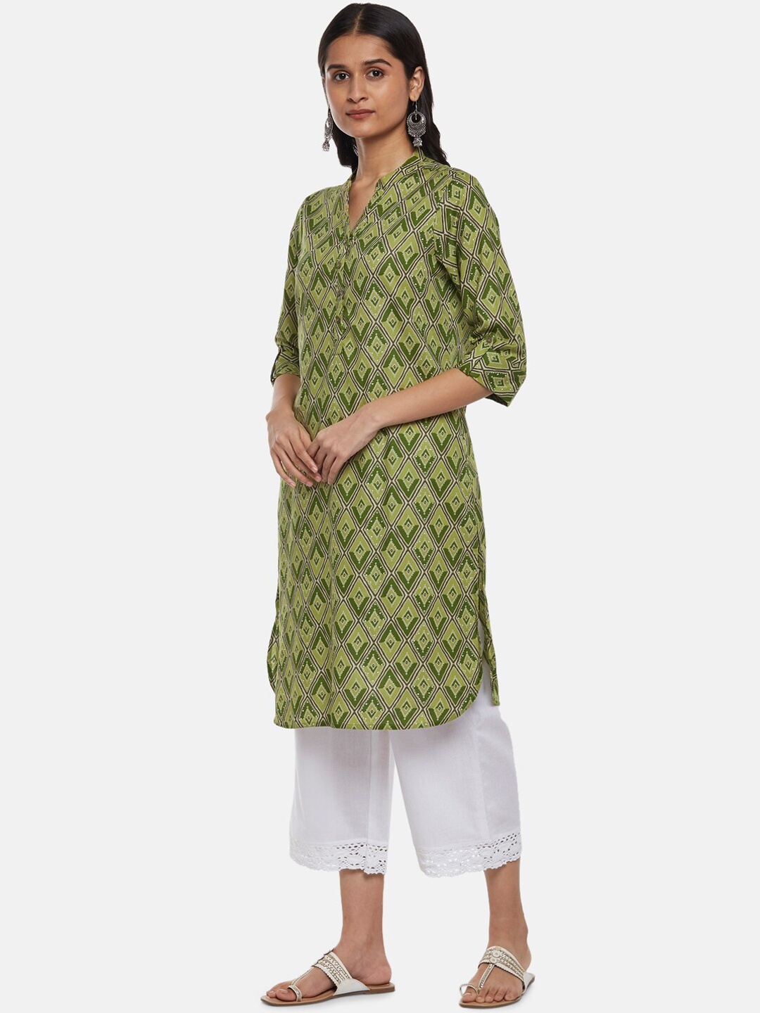 

RANGMANCH BY PANTALOONS Women Olive Green Ethnic Motifs Checked Thread Work Pathani Kurta