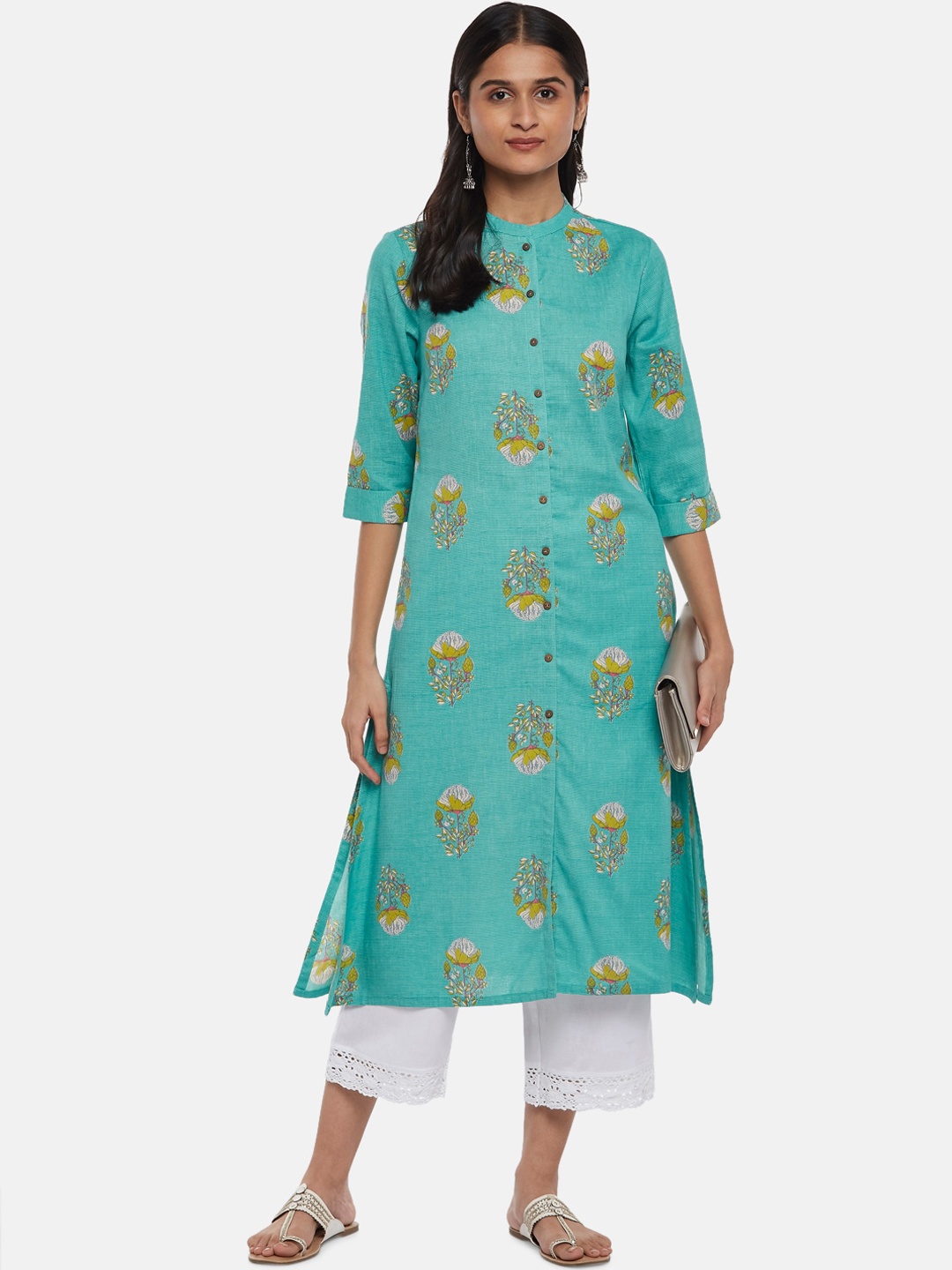

RANGMANCH BY PANTALOONS Women Turquoise Blue Geometric Printed Thread Work Kurta