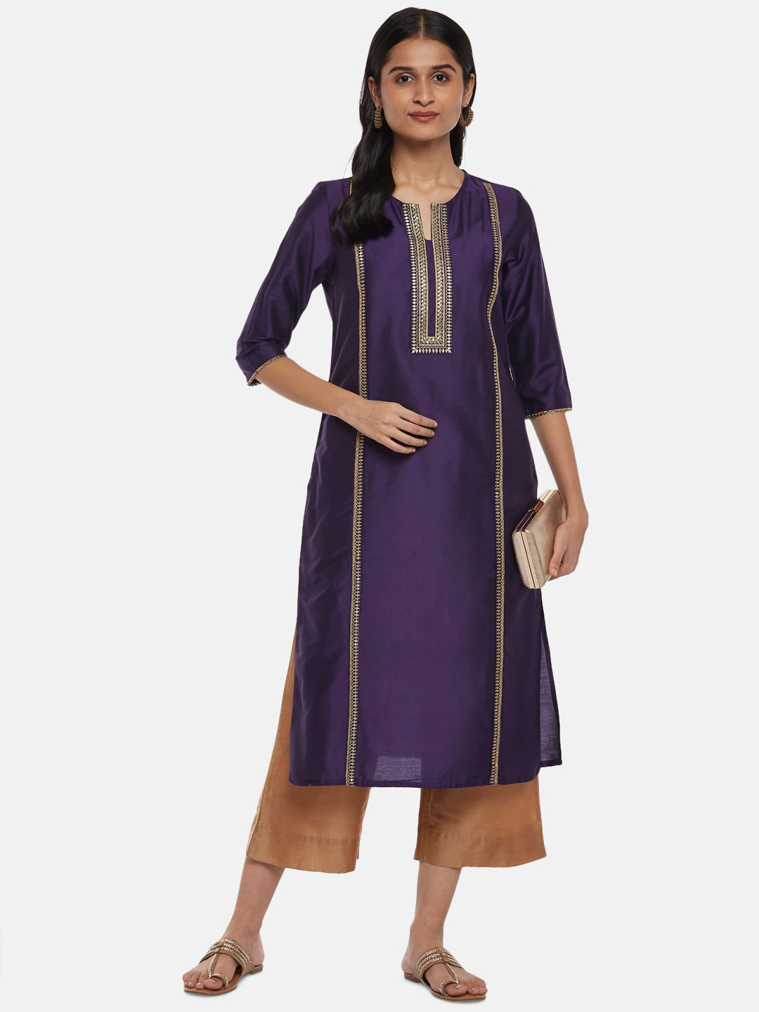 

RANGMANCH BY PANTALOONS Women Purple Yoke Design Thread Work Kurta