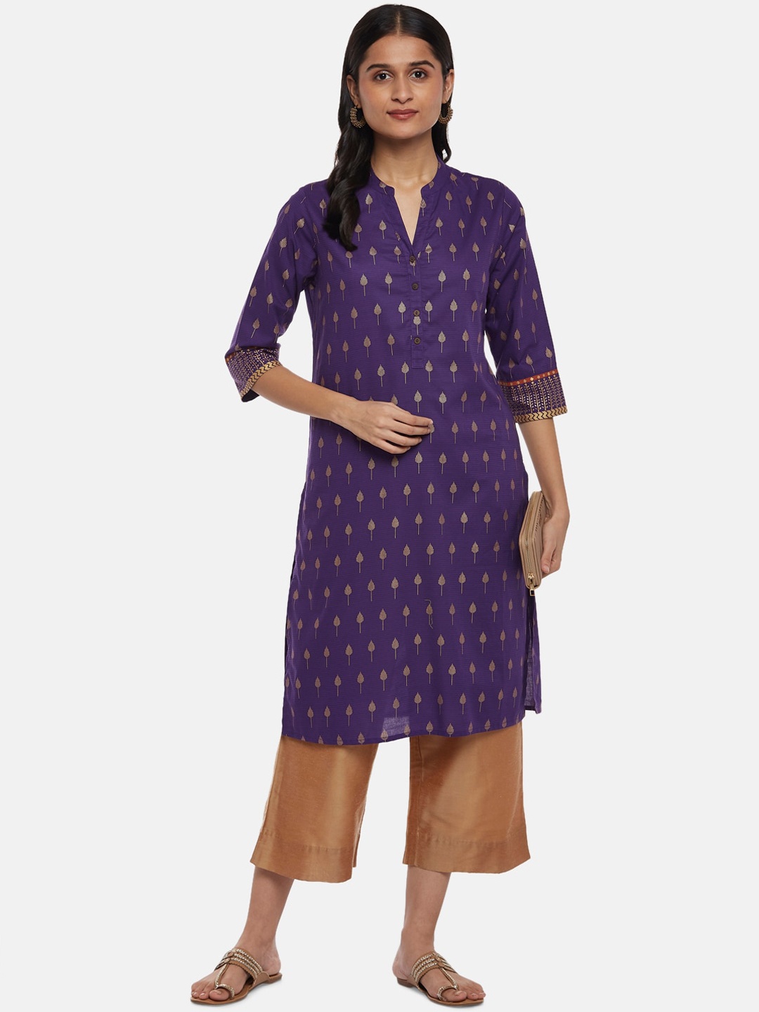 

RANGMANCH BY PANTALOONS Women Purple Ethnic Motifs Printed Keyhole Neck Cold-Shoulder Sleeves Kurta