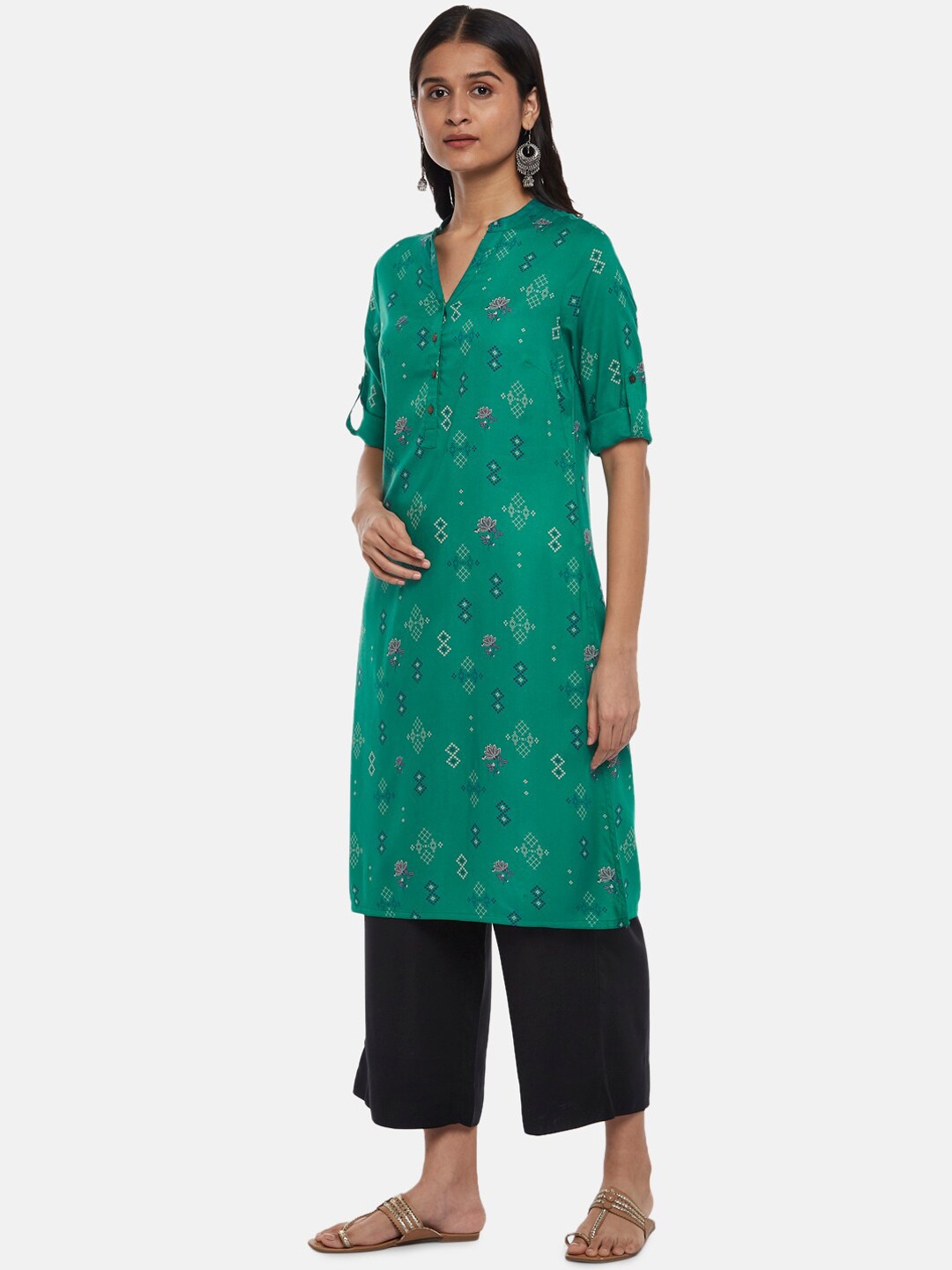 

RANGMANCH BY PANTALOONS Women Teal Ethnic Motifs Printed Kurta