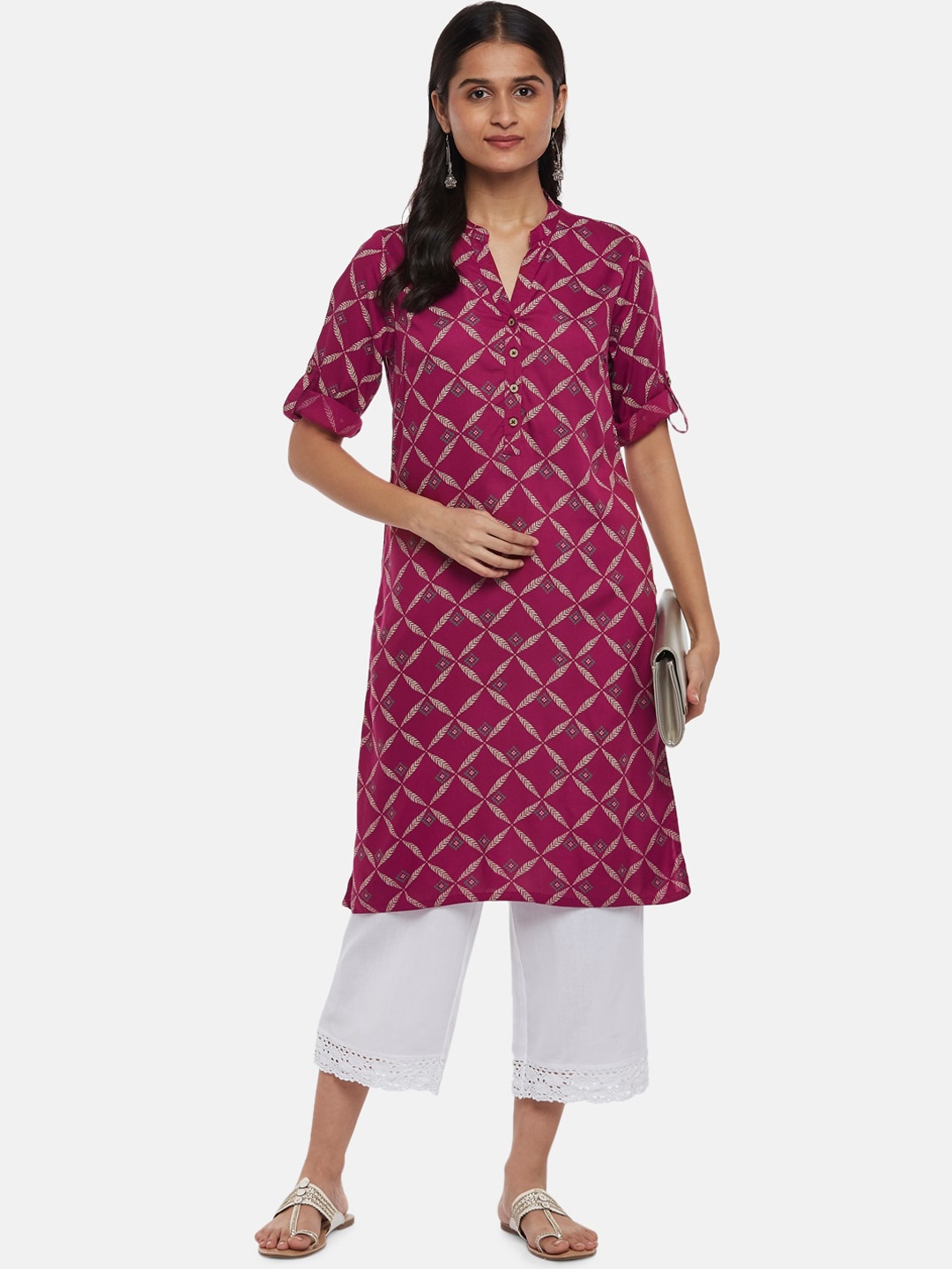 

RANGMANCH BY PANTALOONS Women Pink Geometric Checked Thread Work Kurta