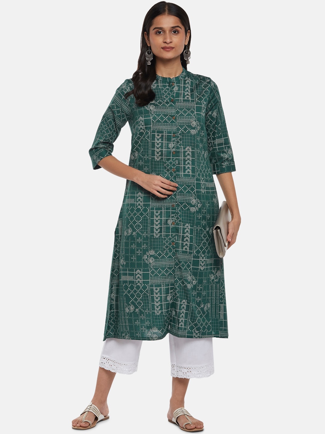 

RANGMANCH BY PANTALOONS Women Teal Ethnic Motifs Checked Keyhole Neck Flared Sleeves Kurta