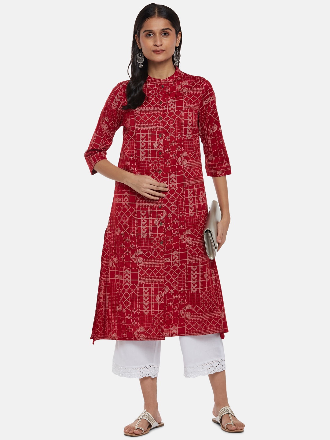 

RANGMANCH BY PANTALOONS Women Red Geometric Printed Flared Sleeves Kurta