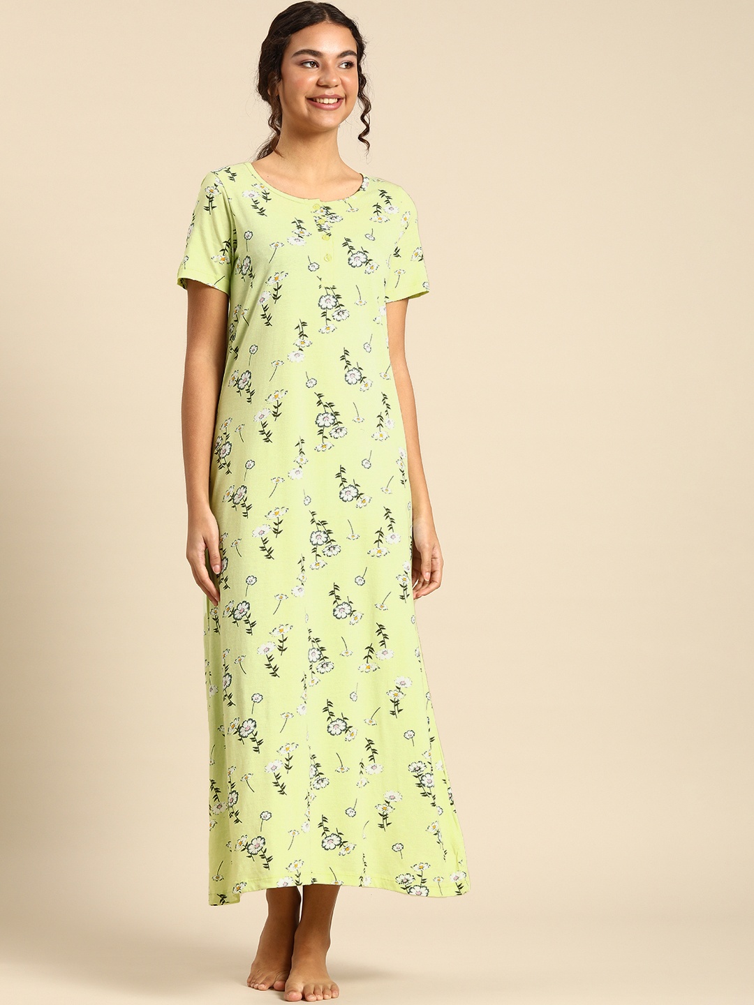 

Dreamz by Pantaloons Women Green Floral Print Pure Cotton T-shirt Nightdress