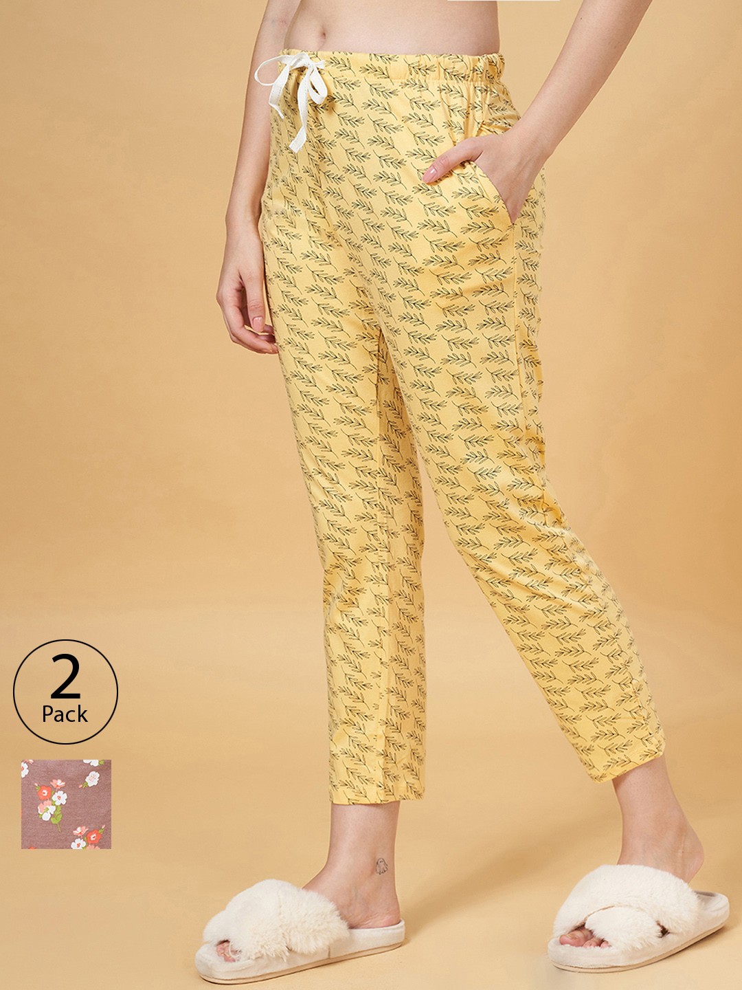 

Dreamz by Pantaloons Women Yellow & Brown Pack Of 2 Printed Pure Cotton Lounge Pants