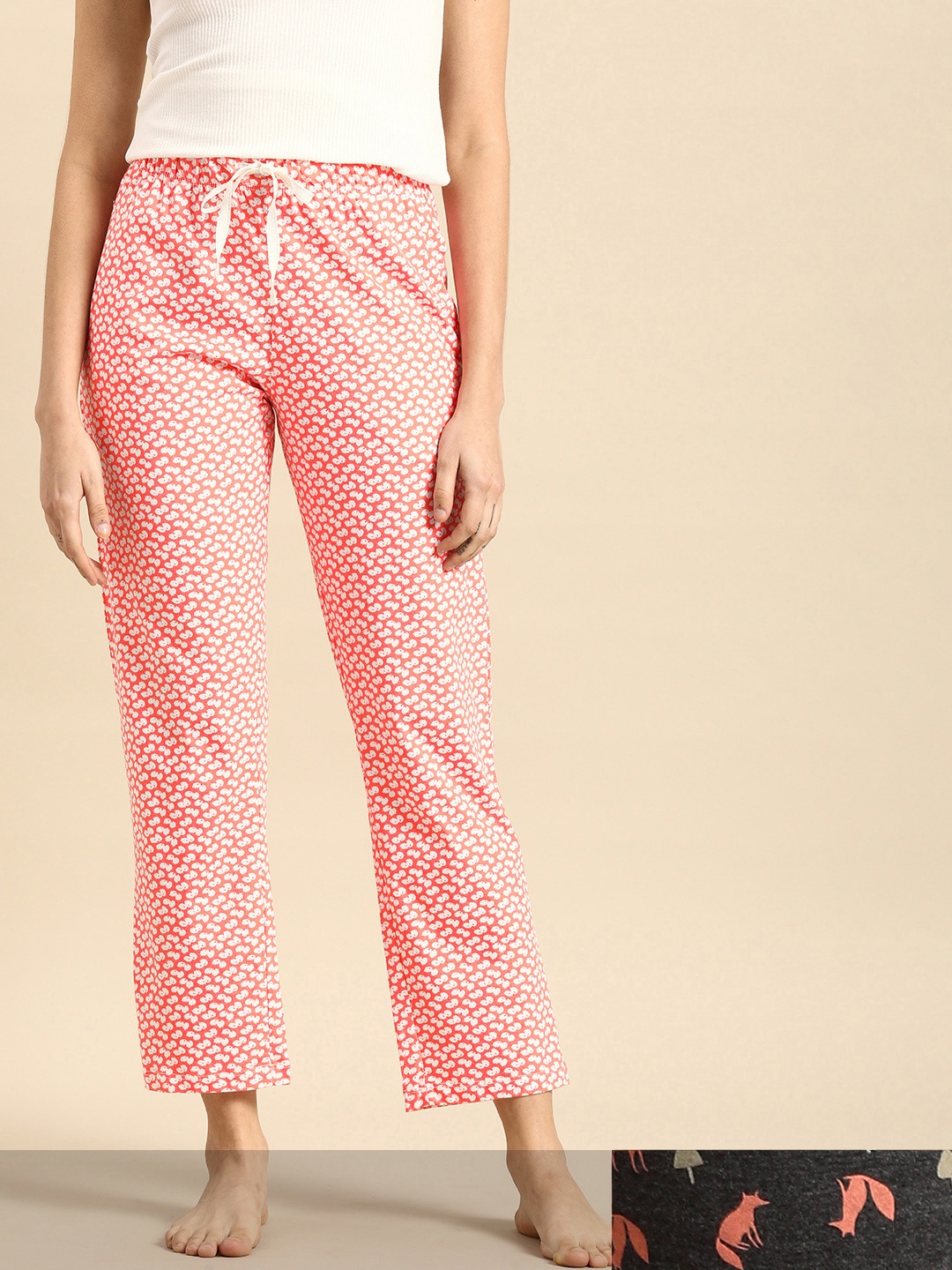 

Dreamz by Pantaloons Pack of 2 Women Peach & Black Printed Pure Cotton Lounge Pants