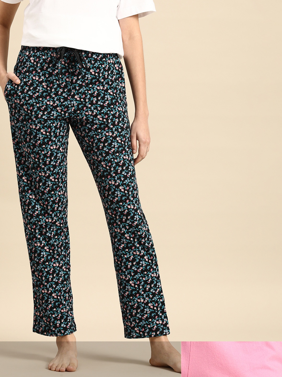 

Dreamz by Pantaloons Women Pack Of 2 Printed Pure Cotton Lounge Pants, Black